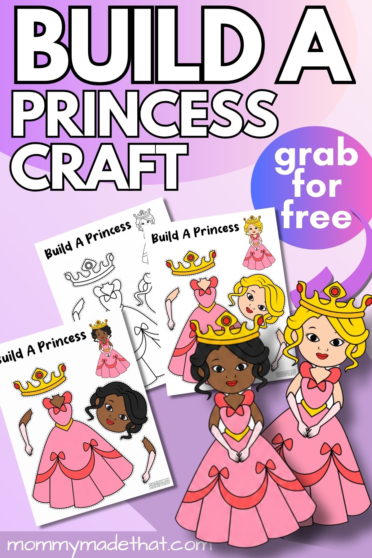 Free printable build a princess craft with two skin tone options
