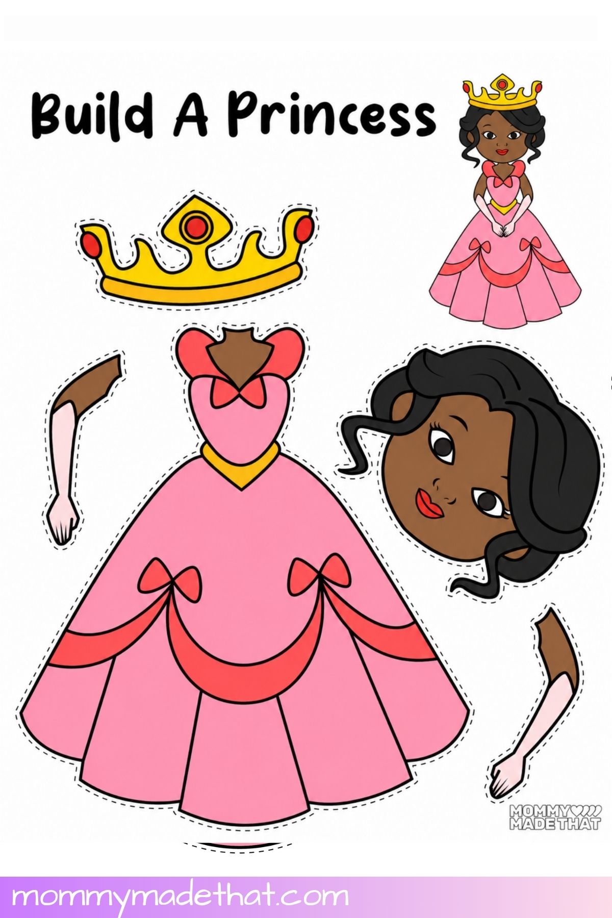 Dark-skinned princess printable with black hair and cutout pieces