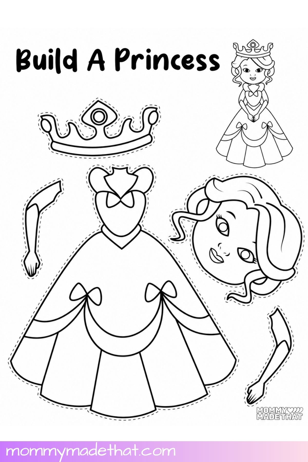 Black-and-white build a princess coloring and cutout template