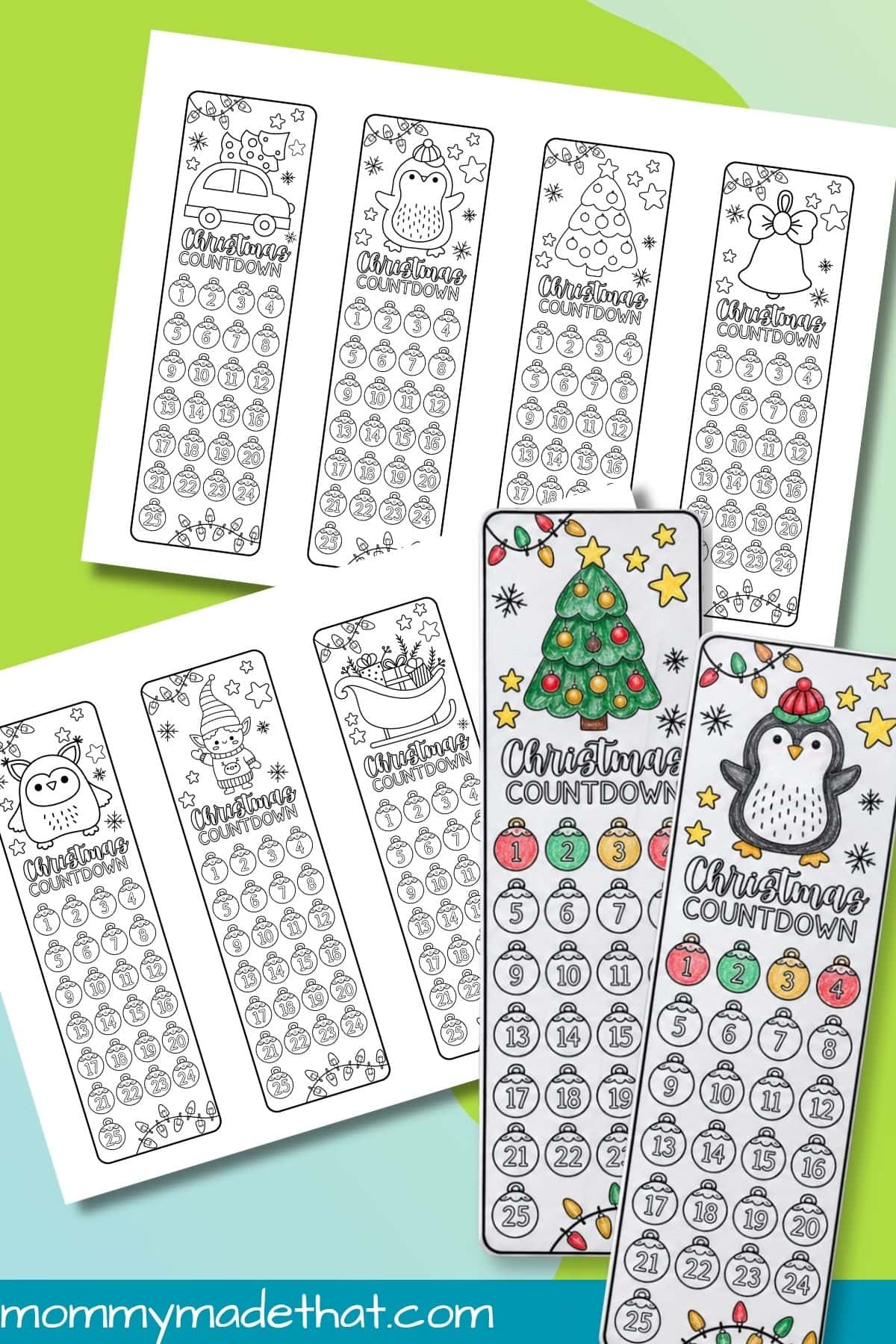 Christmas countdown bookmark printables with colored Christmas tree and penguin examples