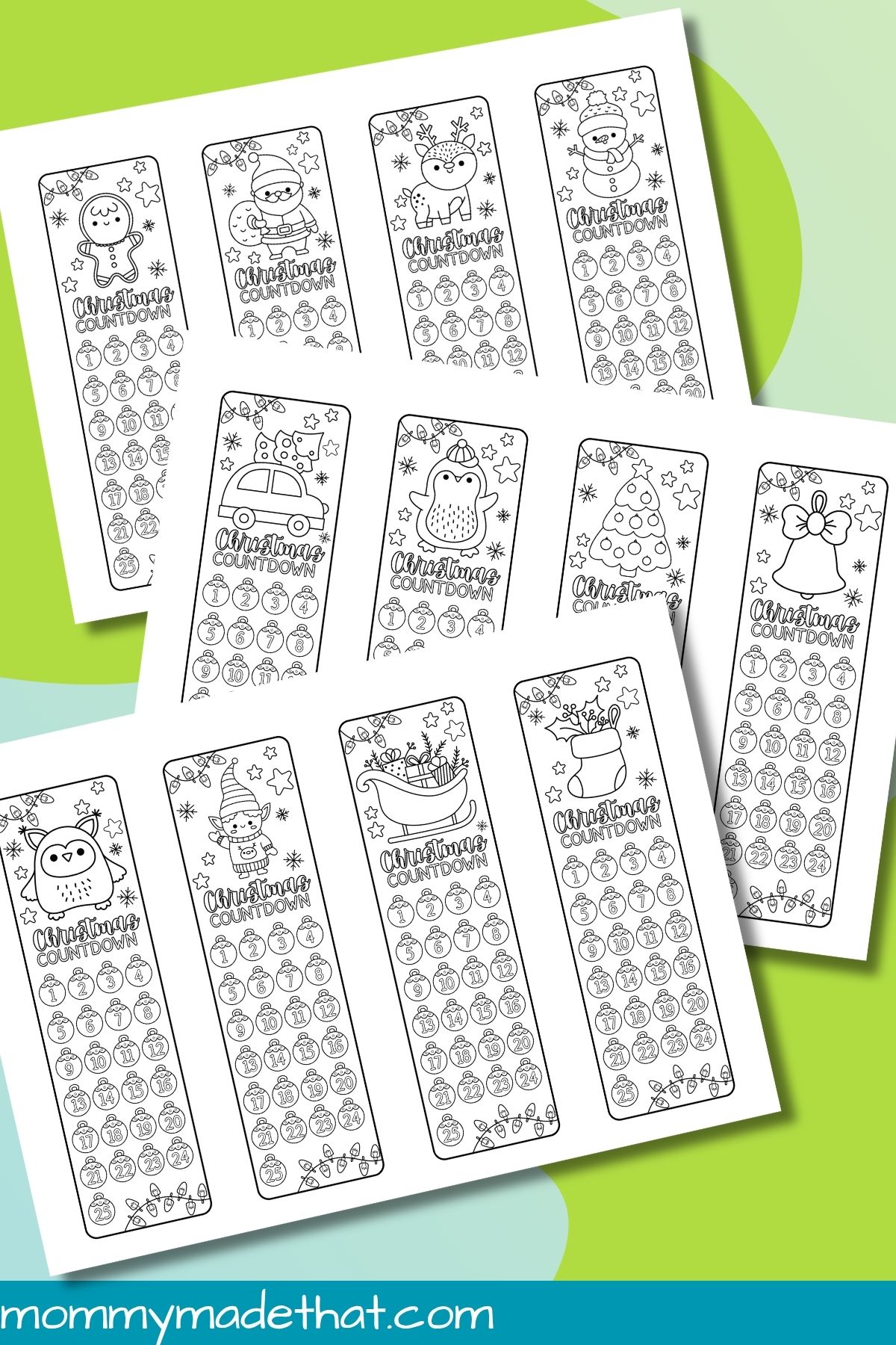 Three printable pages featuring 12 Christmas countdown bookmarks to color