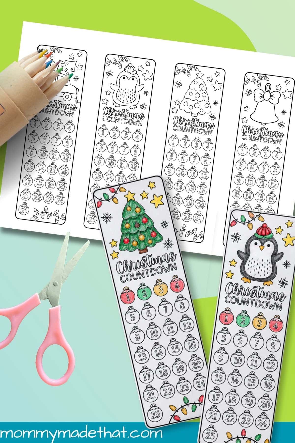 Christmas countdown bookmarks with colored pencils, scissors, and decorated examples
