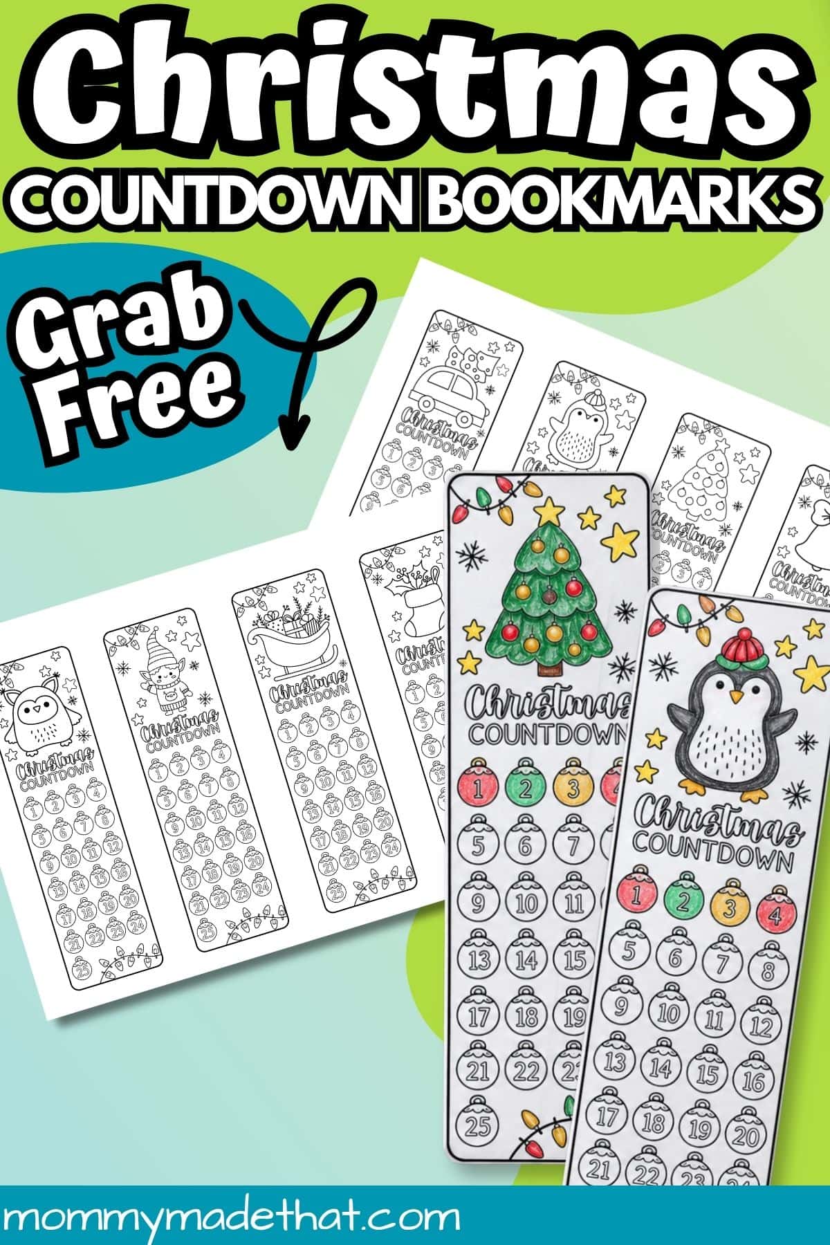 Free Christmas countdown bookmarks to print and color with tree and penguin examples