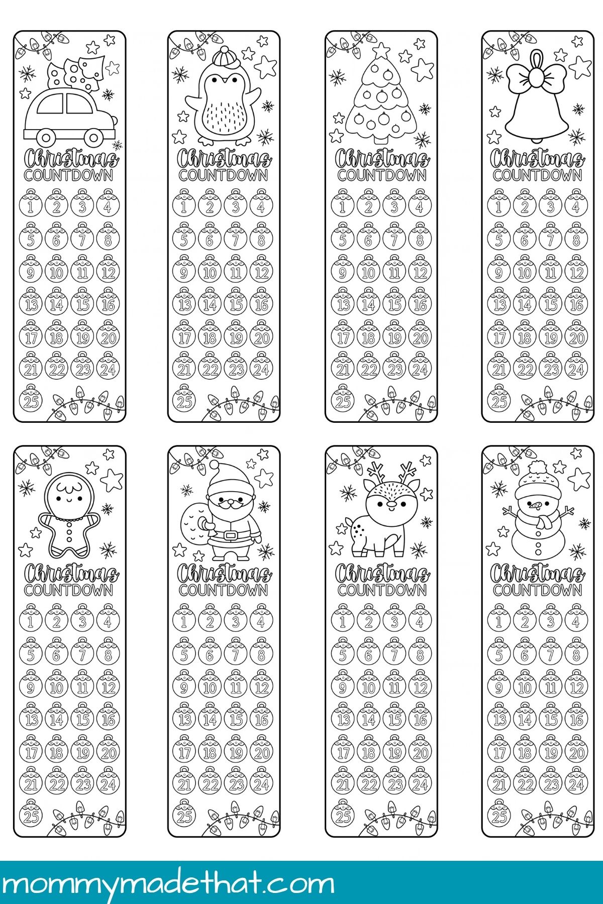 Black-and-white Christmas countdown bookmarks with ornaments numbered 1 to 25