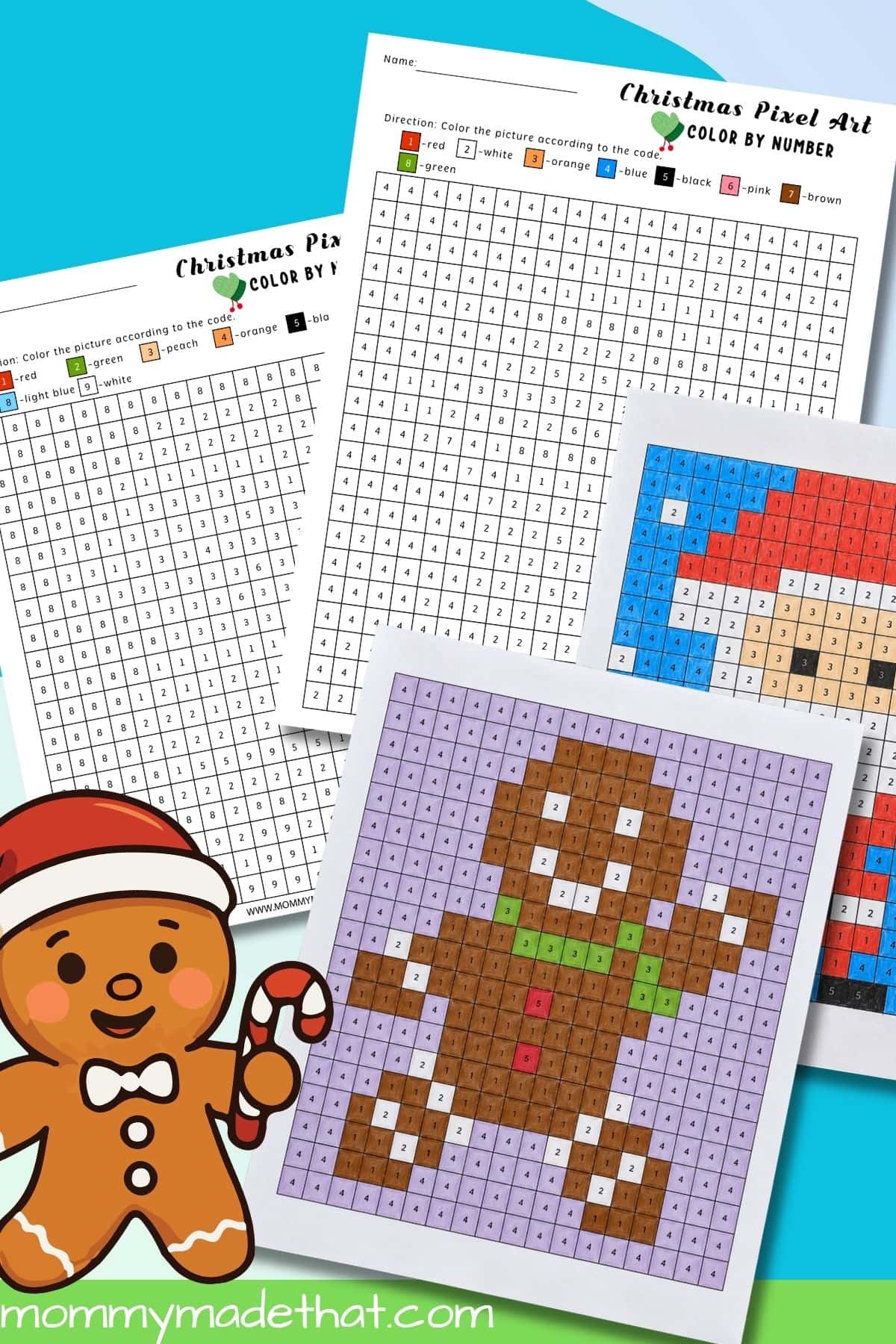 Christmas pixel art worksheets with colored Santa and gingerbread mystery picture examples