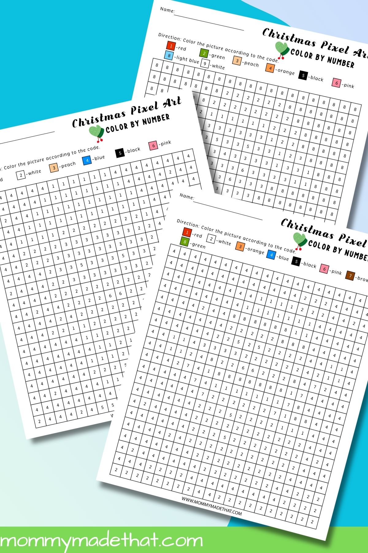 Santa, elf, and snowman Christmas pixel art color-by-number worksheets