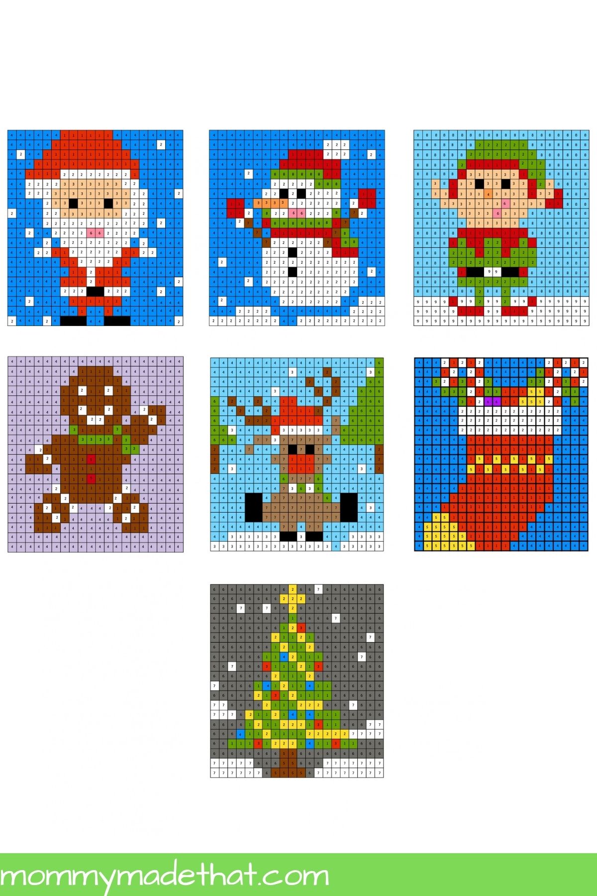 Answer key showing seven completed Christmas pixel art mystery pictures