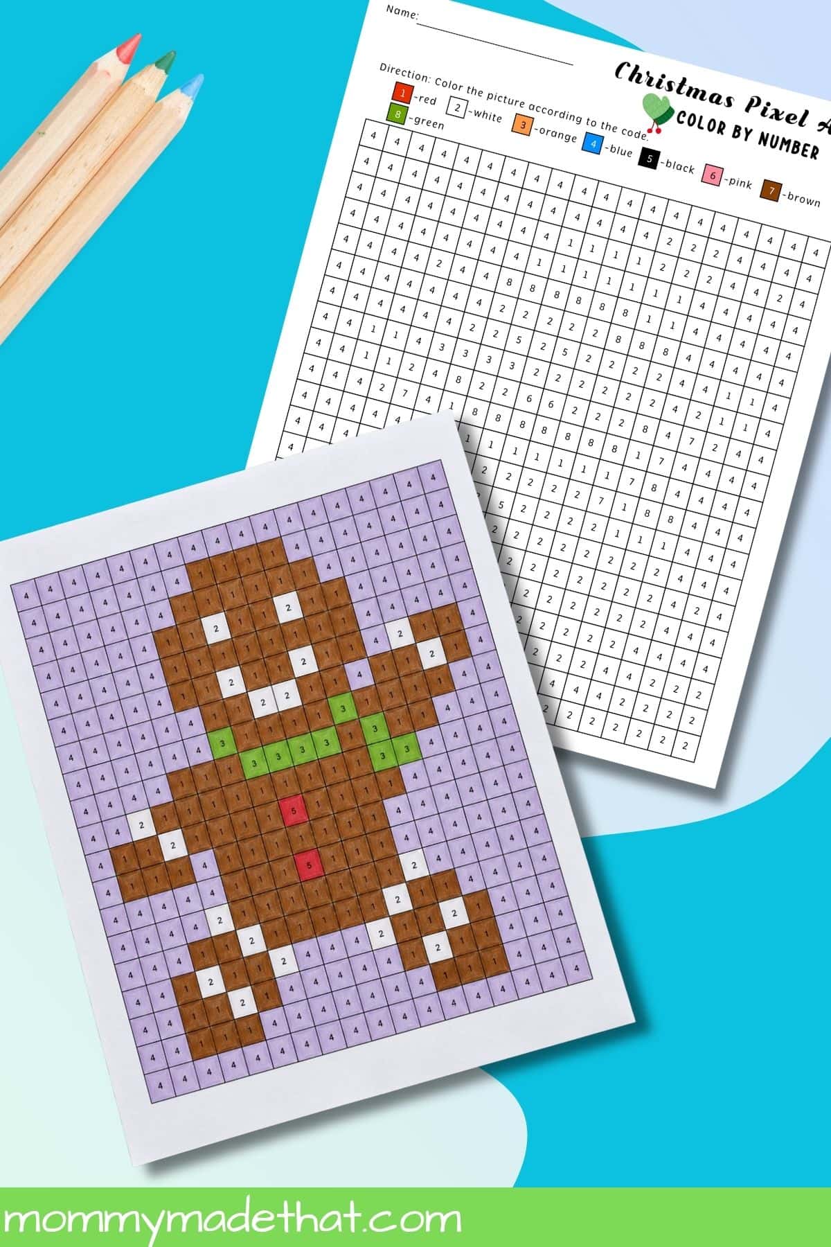 Colored gingerbread pixel art picture beside a snowman worksheet and colored pencils