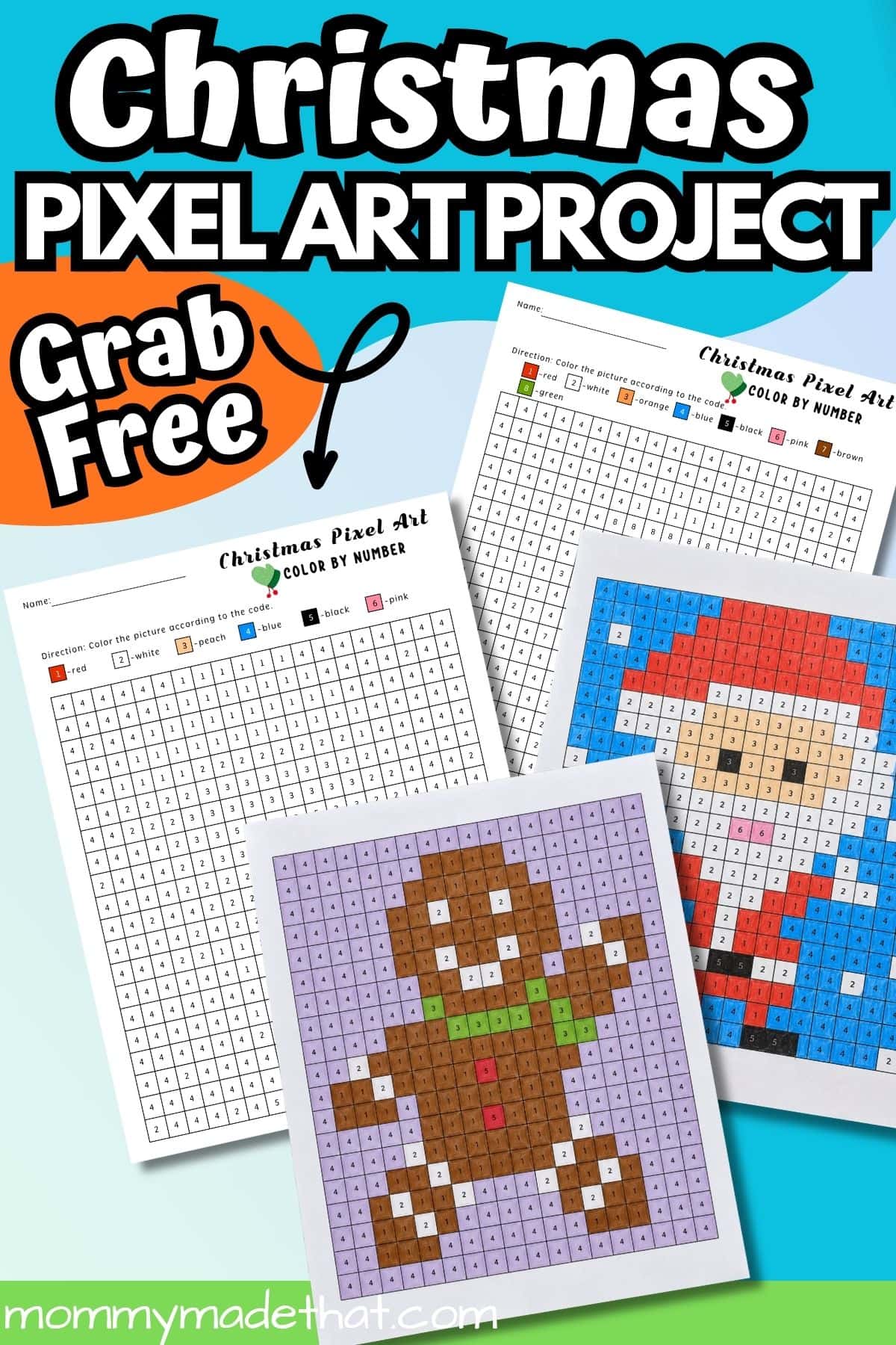 Free Christmas pixel art printables with Santa and gingerbread color-by-number examples