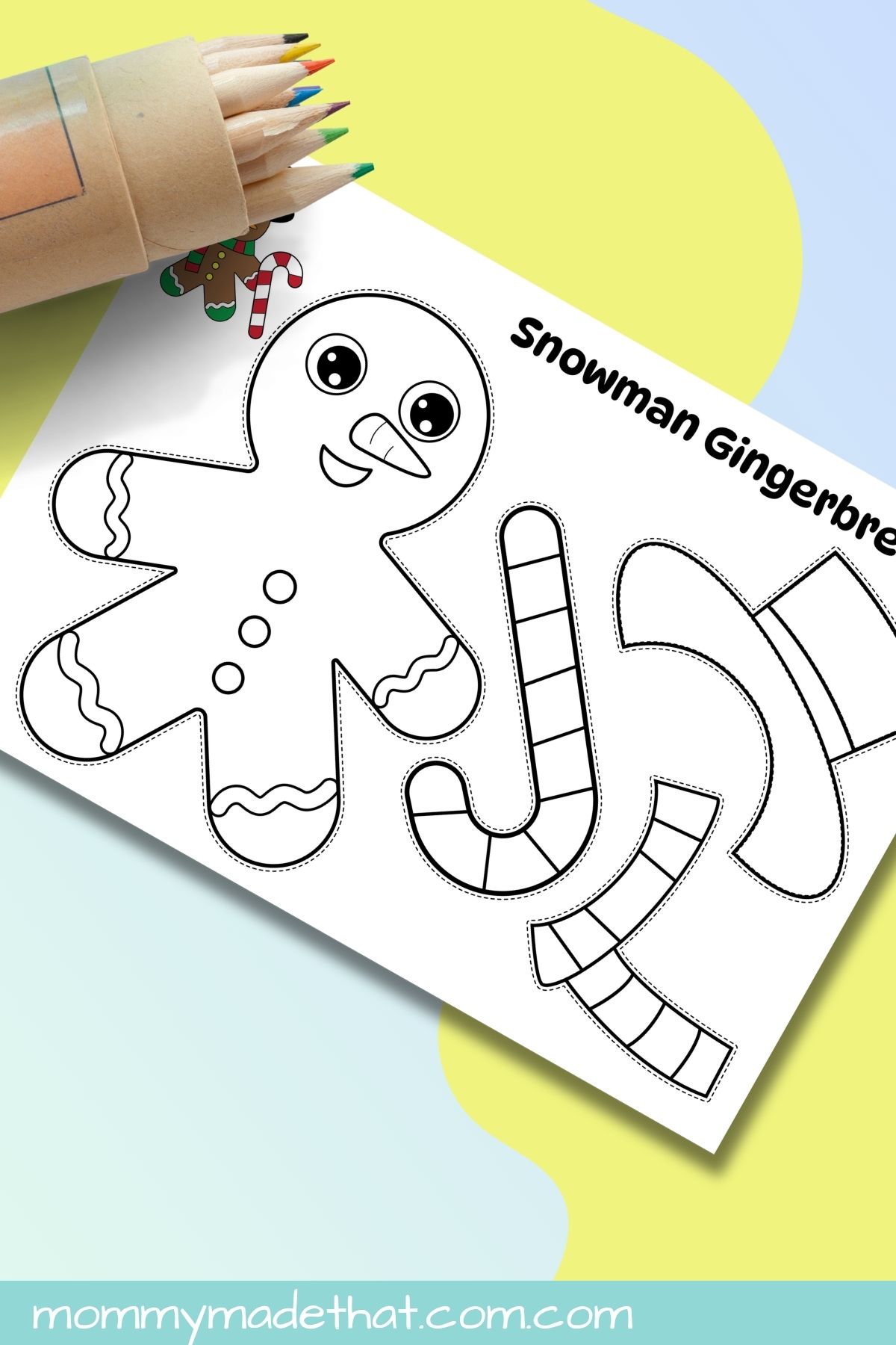 Snowman gingerbread disguise coloring template with a hat, scarf, and candy cane.