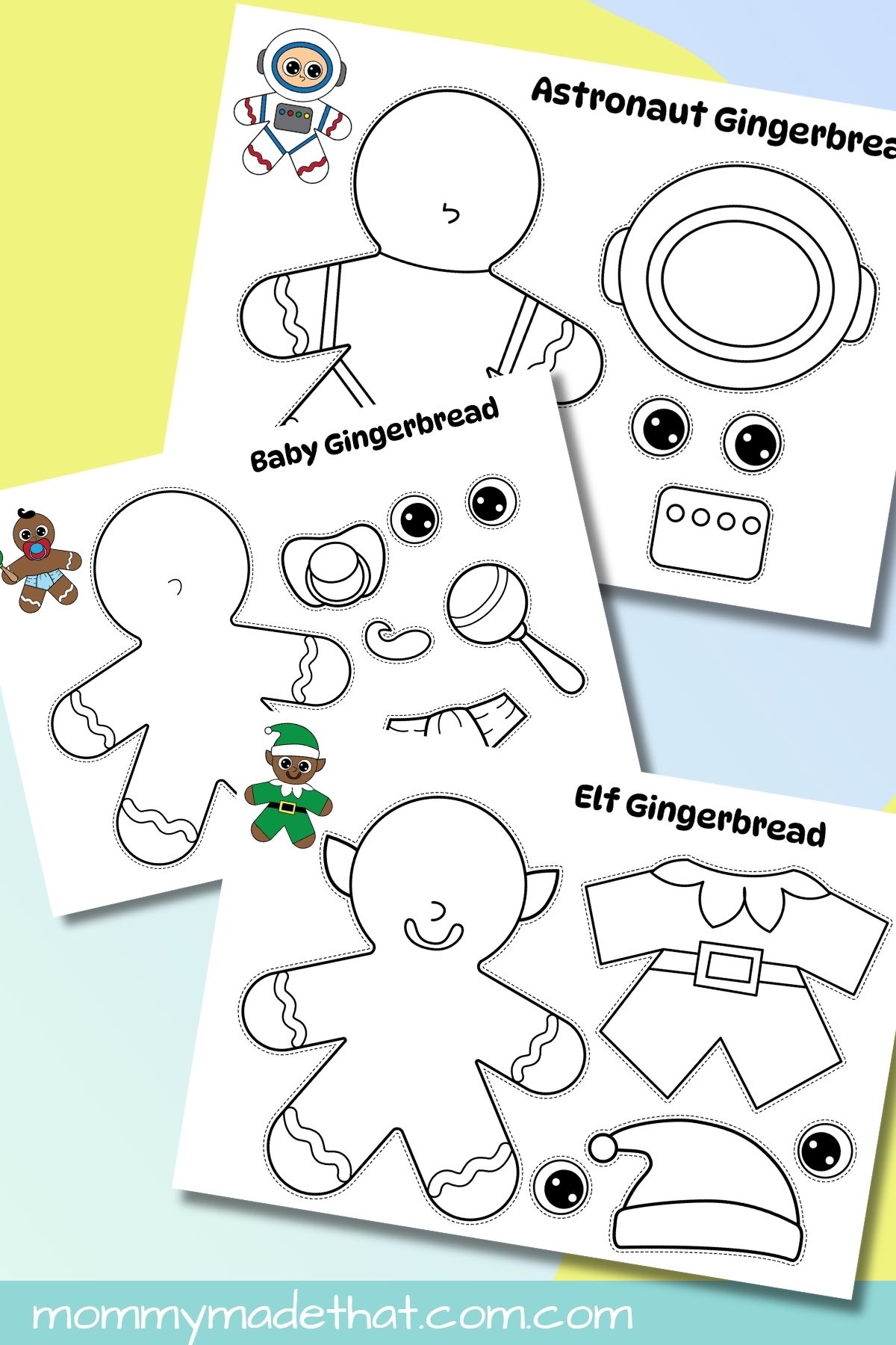 Astronaut, baby, and elf gingerbread disguise templates with outline pieces to color.