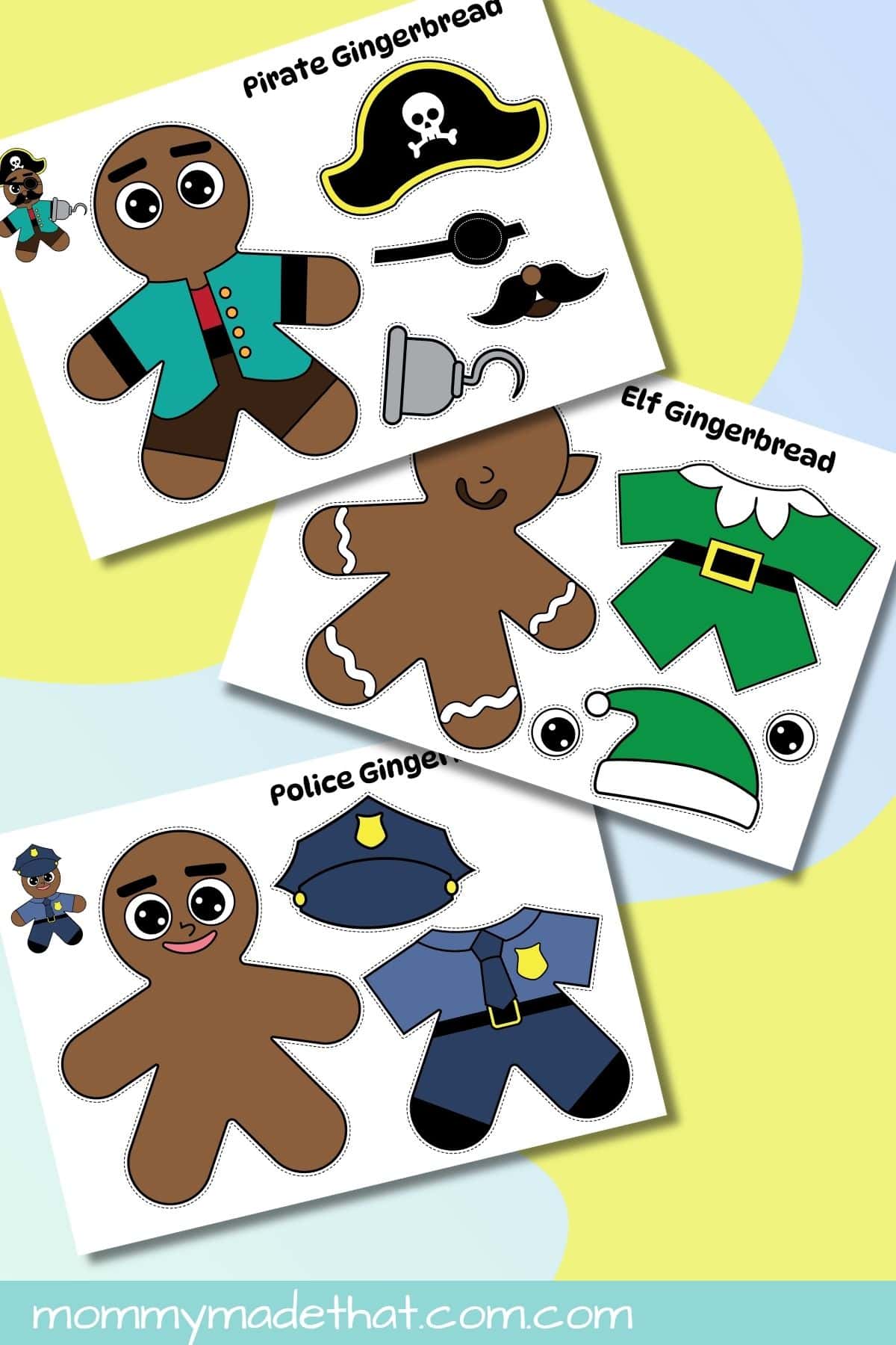 Color gingerbread man disguise templates with pirate, elf, and police officer outfits.