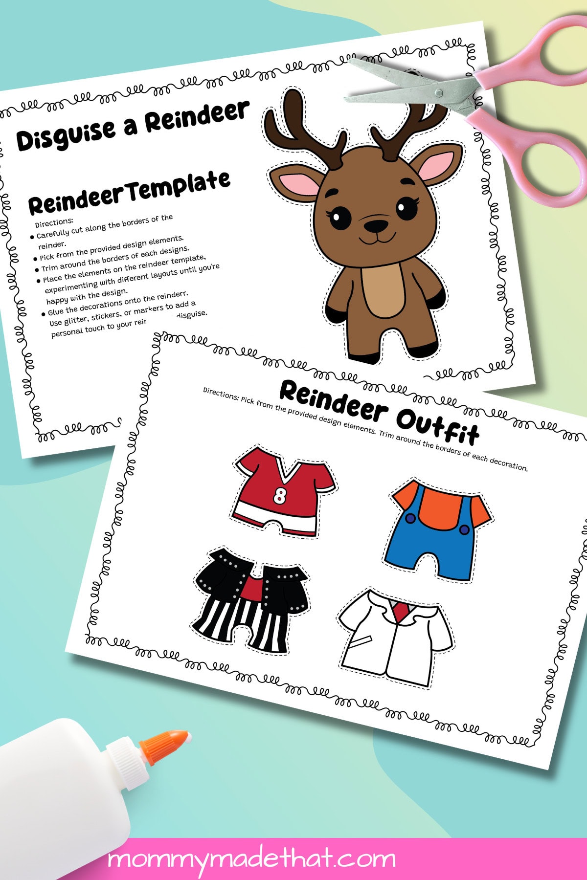 Colored reindeer template and costume sheet with soccer, overalls, rock star, and doctor outfits beside scissors and glue.