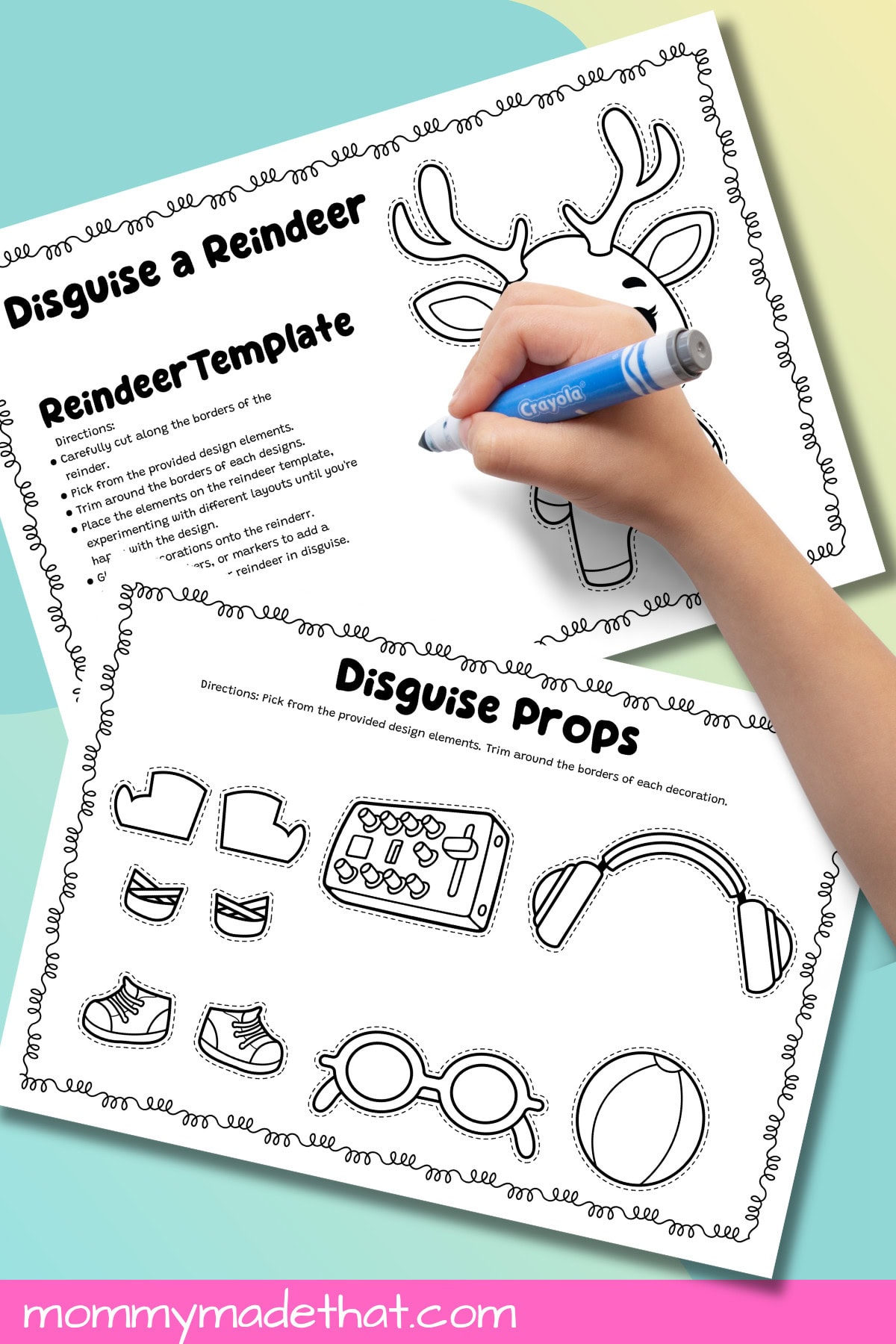 Black-and-white reindeer base and disguise accessories with a hand holding a blue crayon.