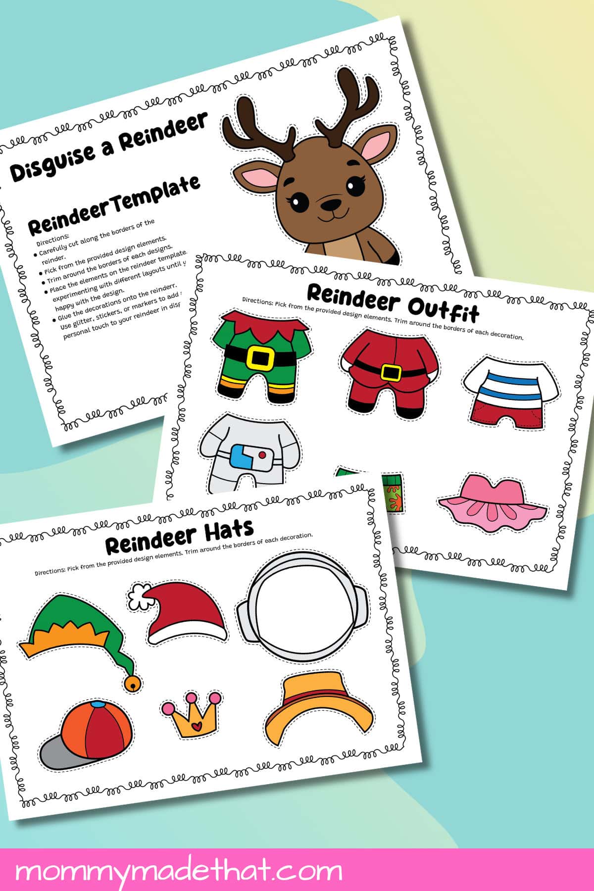 Colored reindeer disguise template with Santa, elf, and astronaut outfits and matching hats.