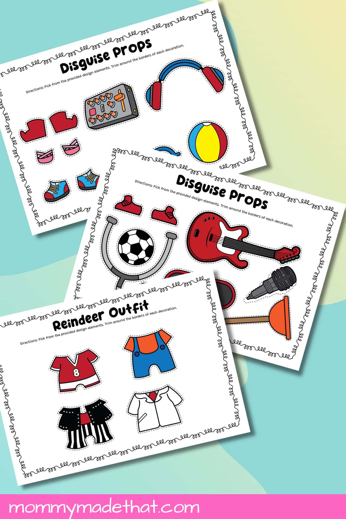 Reindeer costume and prop sheets with a guitar, soccer ball, headphones, and dress-up outfits.