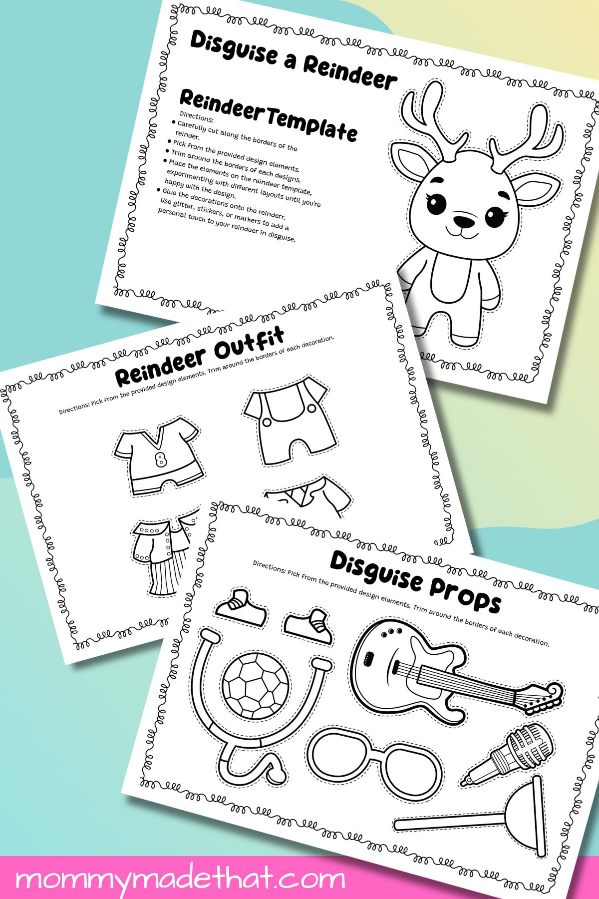 Black-and-white disguise a reindeer printable pages with outfits, guitar, microphone, and stethoscope.