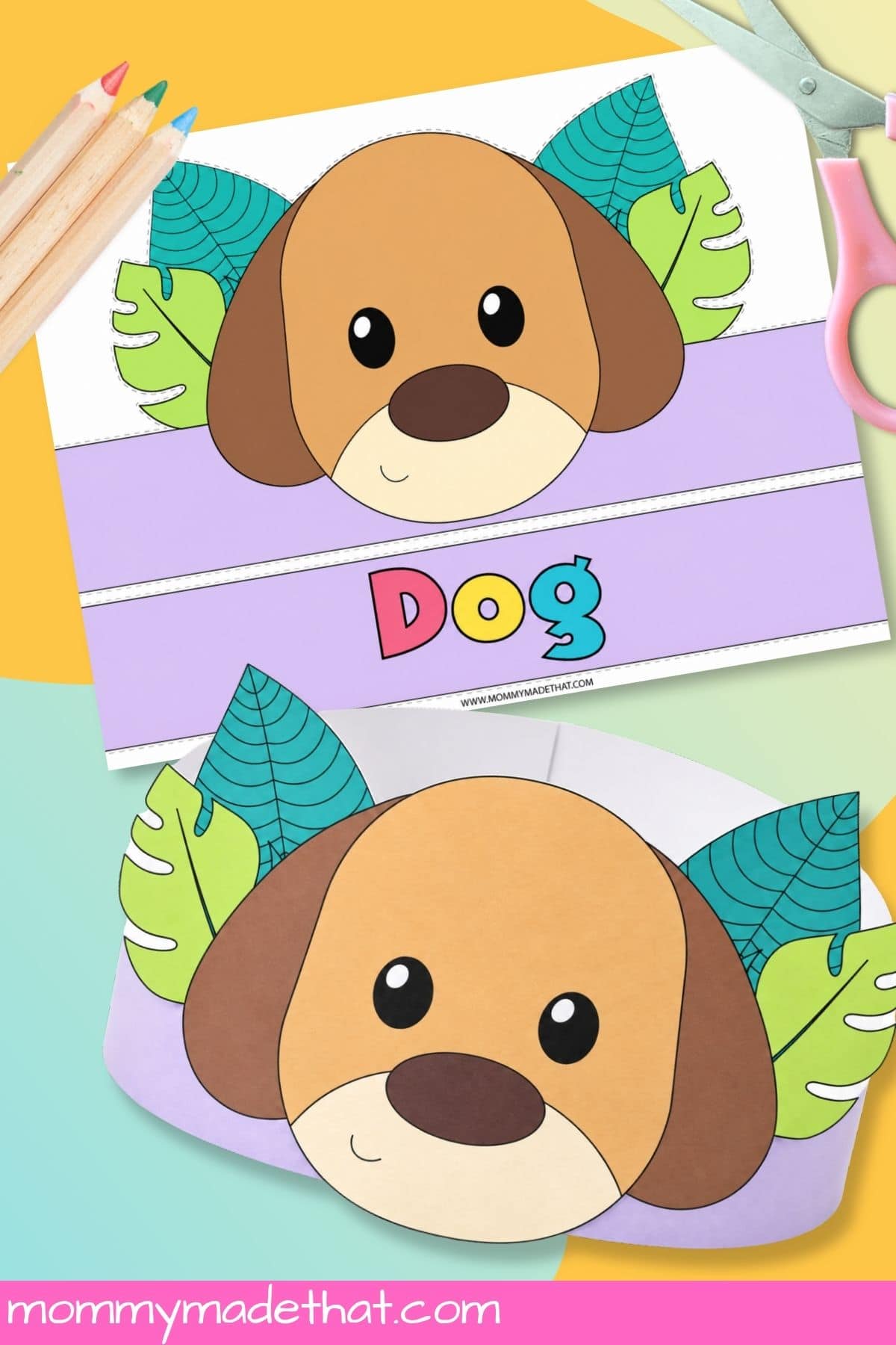 Full-color dog hat template and assembled crown with brown ears and a purple band