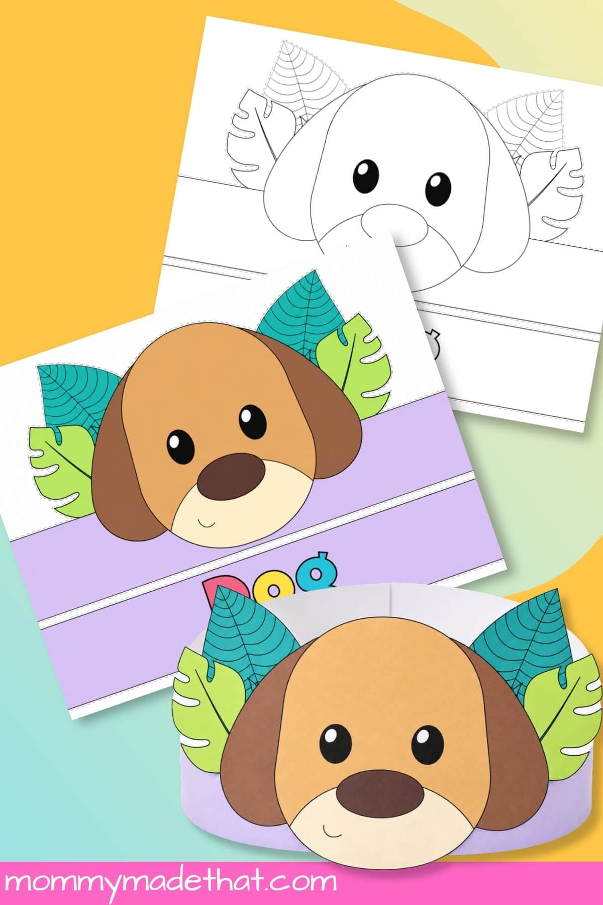 Colored and black-and-white dog crown templates beside an assembled puppy headband