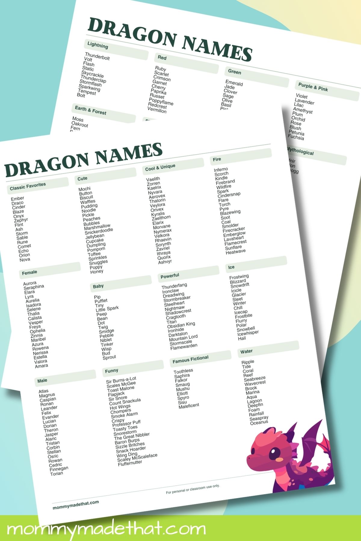Dragon names printable preview showing cute, funny, powerful, fire, ice and water name categories.