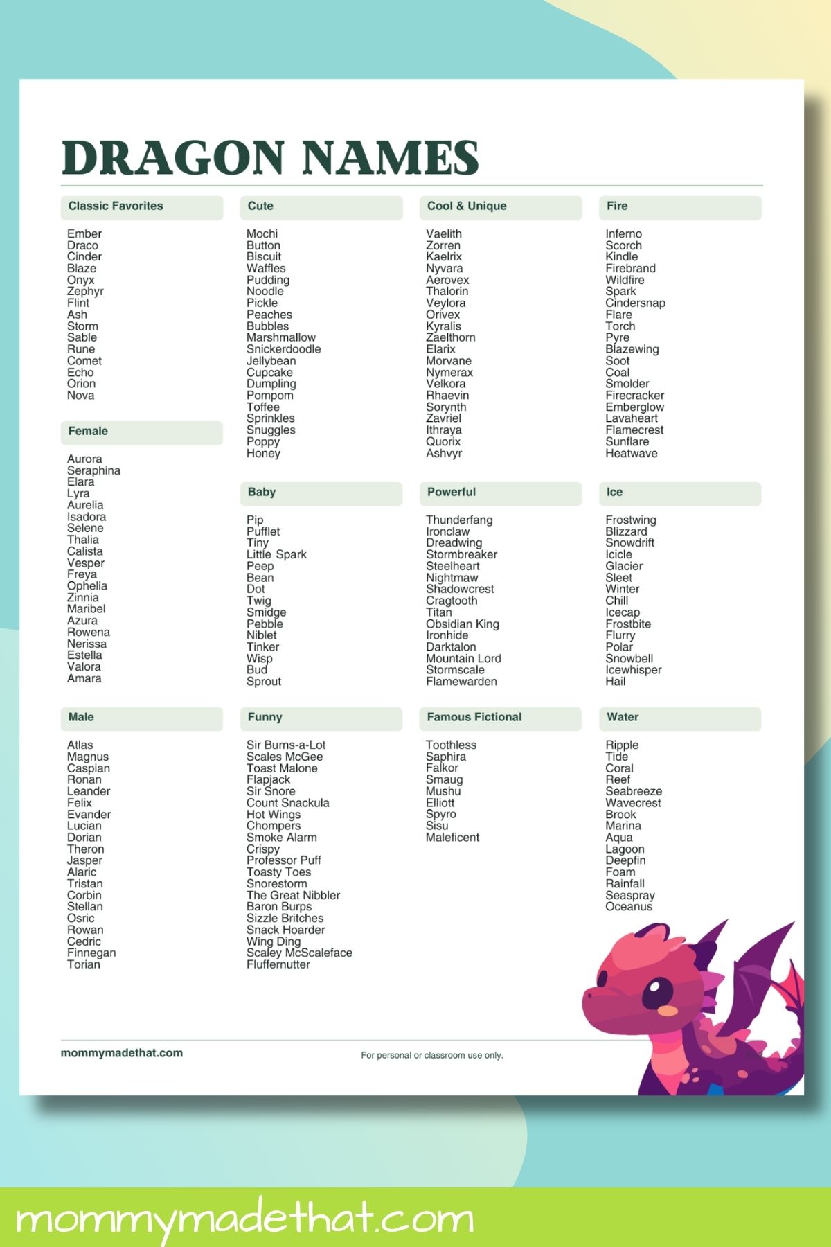 Dragon name list with classic favorites, female, male and baby names beside a smiling pink and purple dragon.