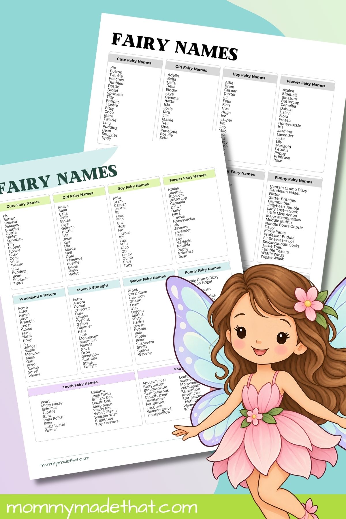 Color and black-and-white fairy names printables with categorized name lists and a smiling fairy in a pink flower dress.
