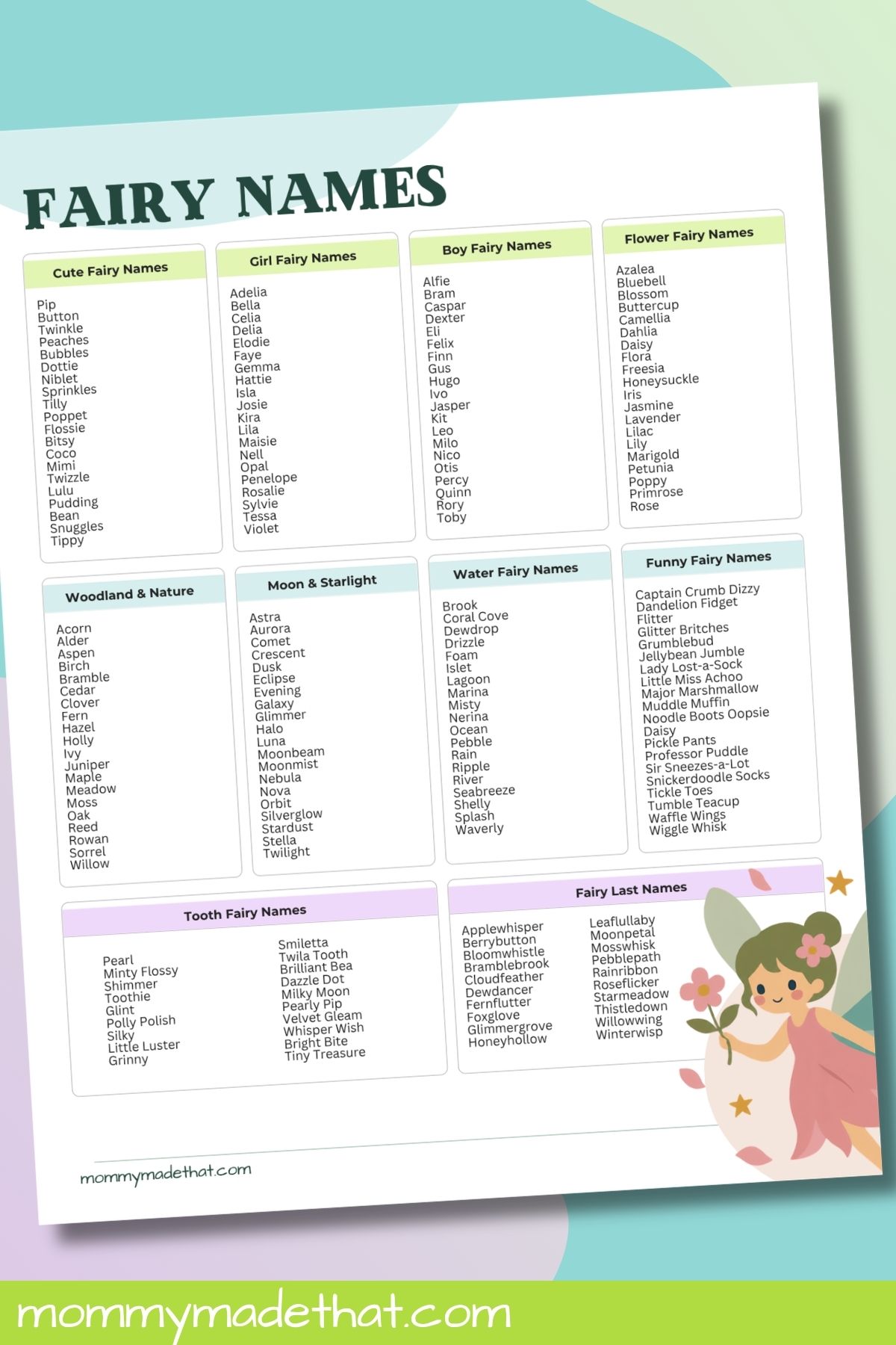 Fairy names printable with pastel category headings and a small fairy illustration.