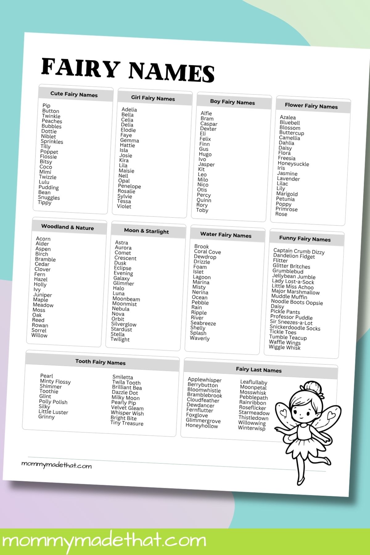 Black-and-white fairy names printable with ten name categories and an outline fairy to color.