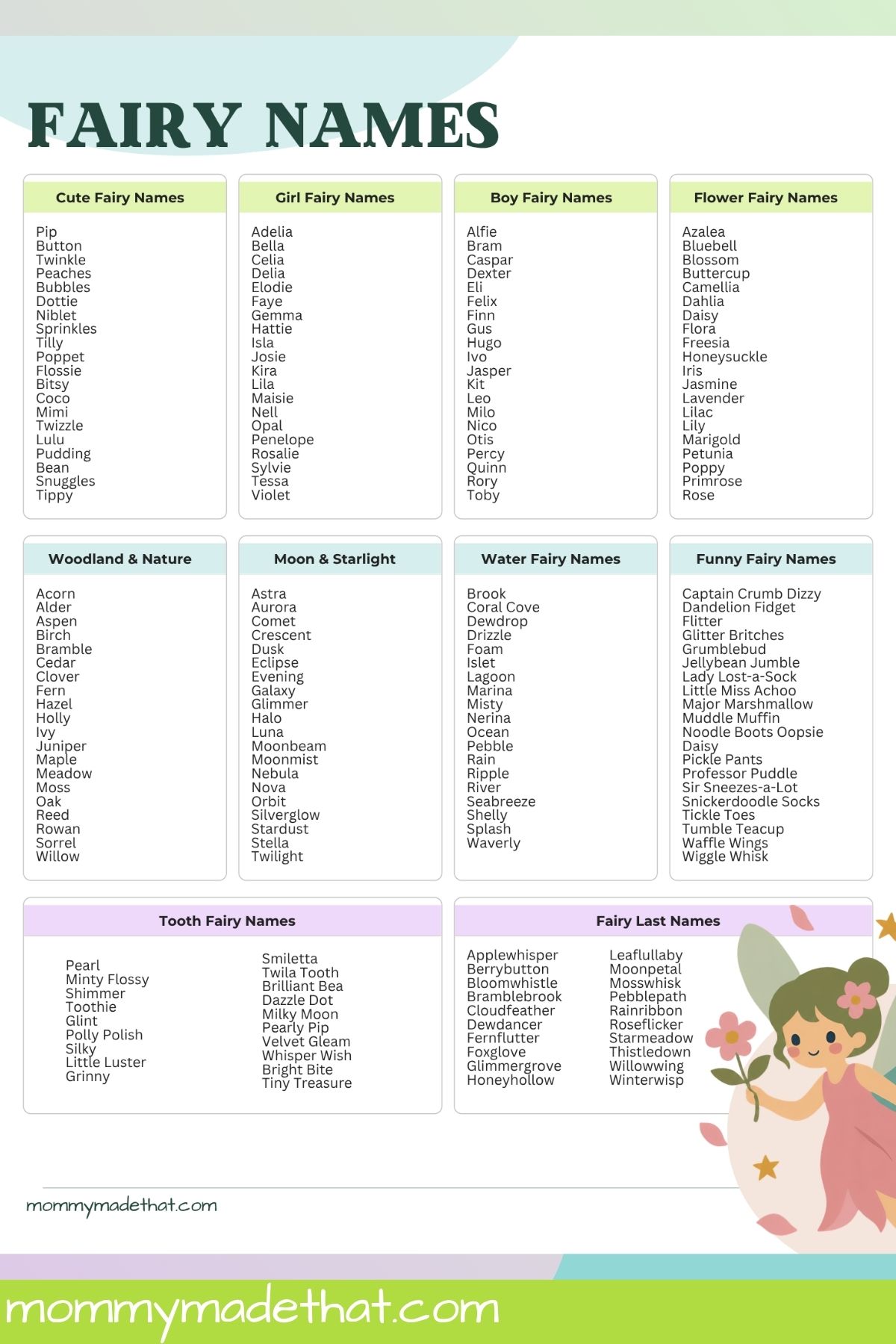 Full-page fairy name list with green, blue, and purple category headings and a fairy in the corner.