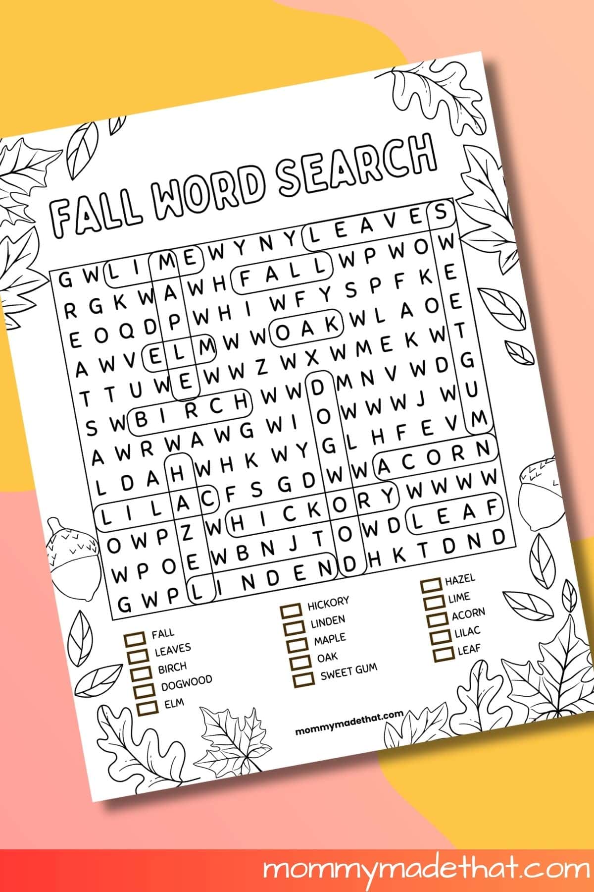 Fall word search with answer key.
