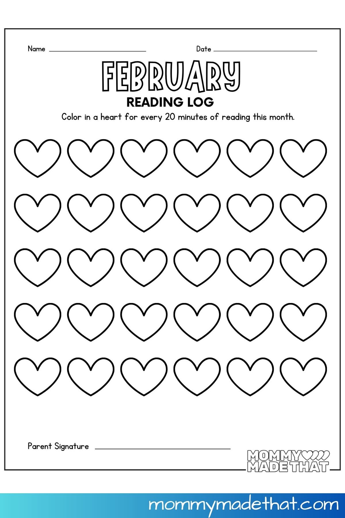 Free printable February reading log.