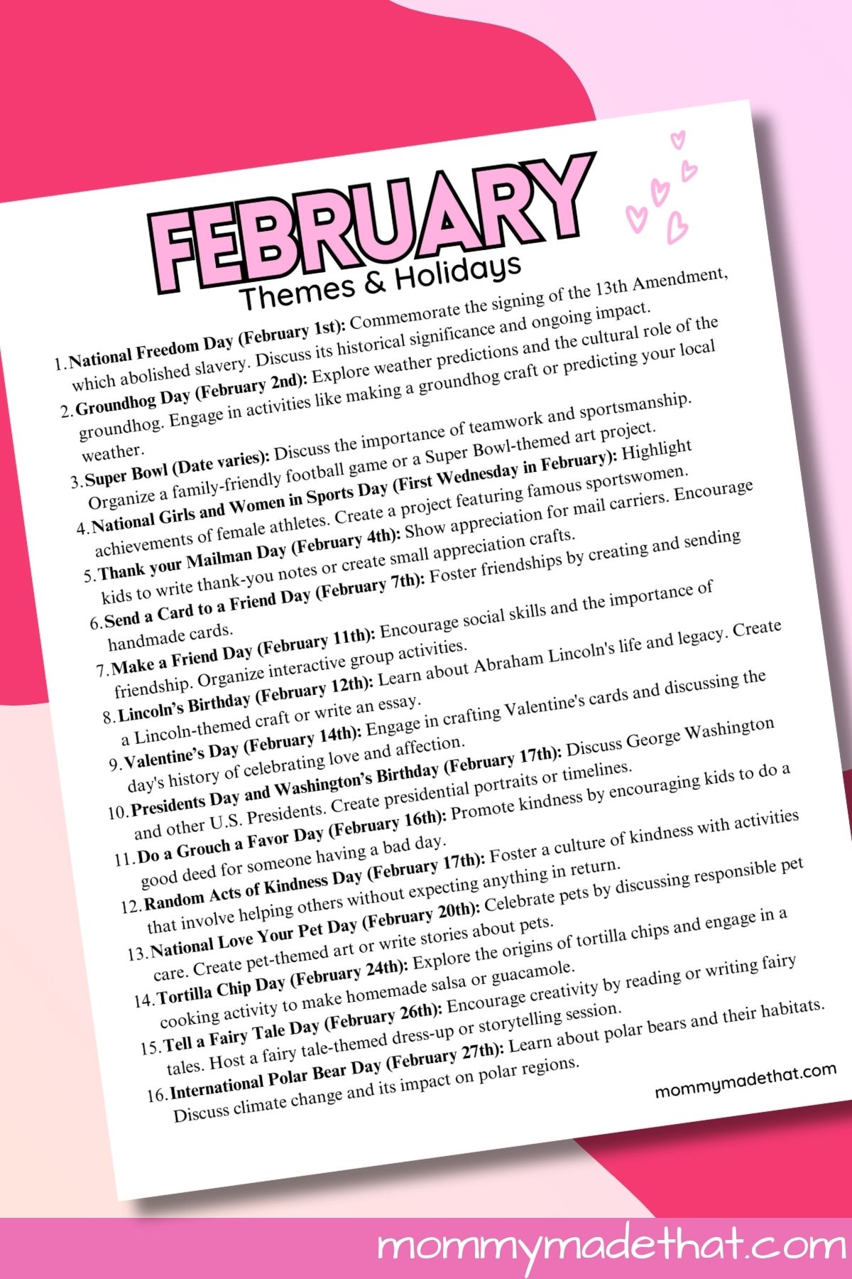 February Themes and Holidays.