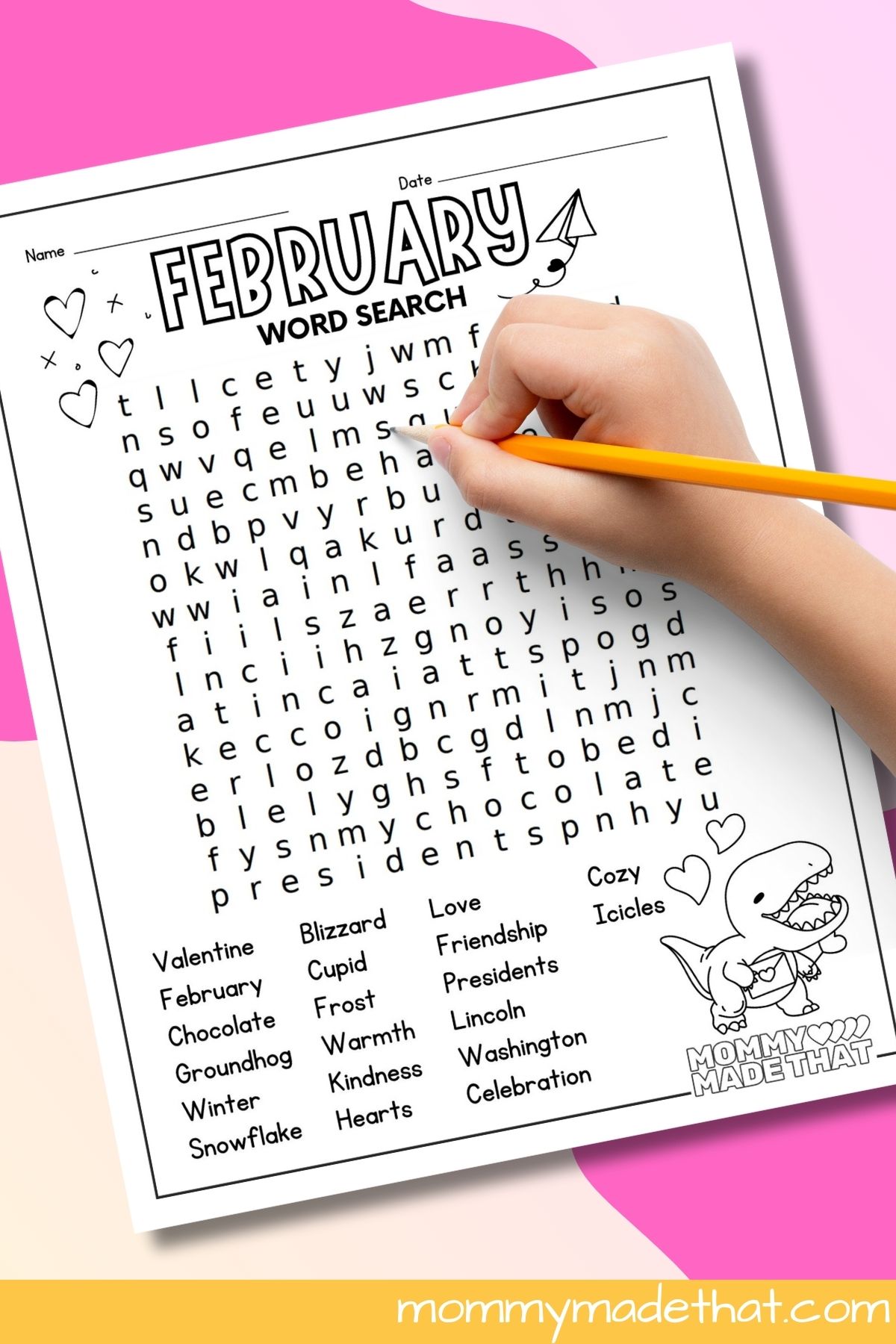 Free printable February word search.