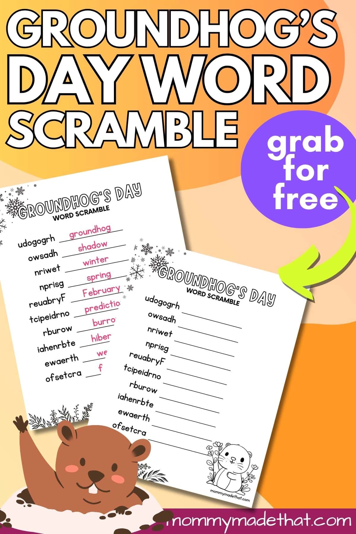 Free Groundhog's day word scramble printable.