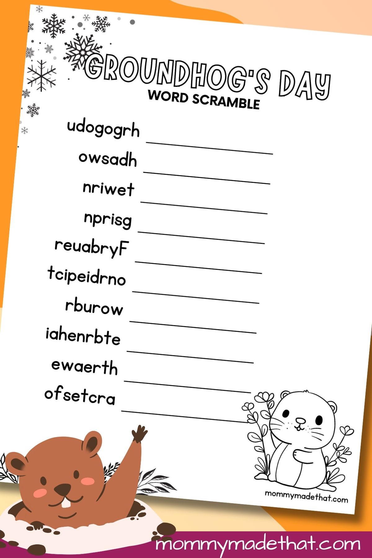 Free Groundhog's day word scramble printable.