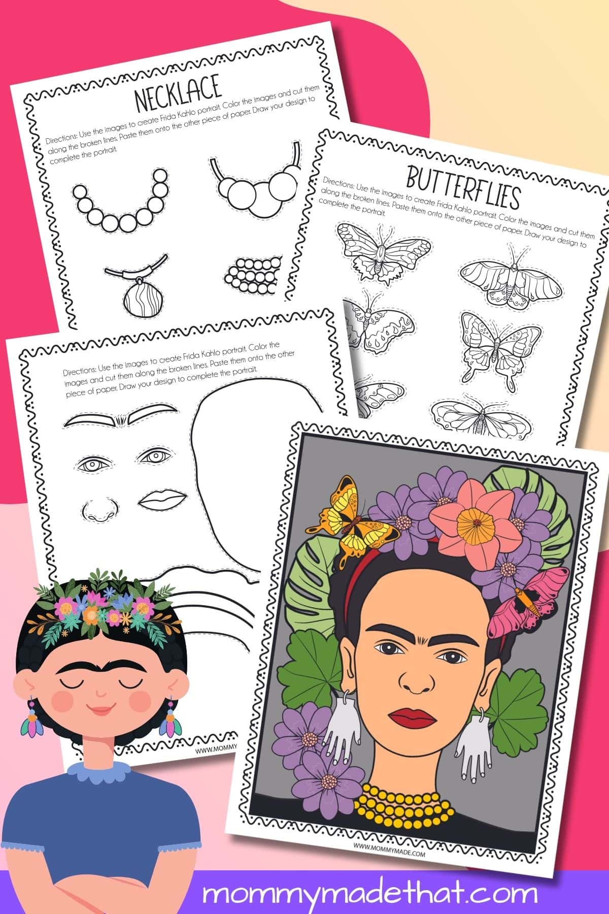 Printable Frida Kahlo art project template.