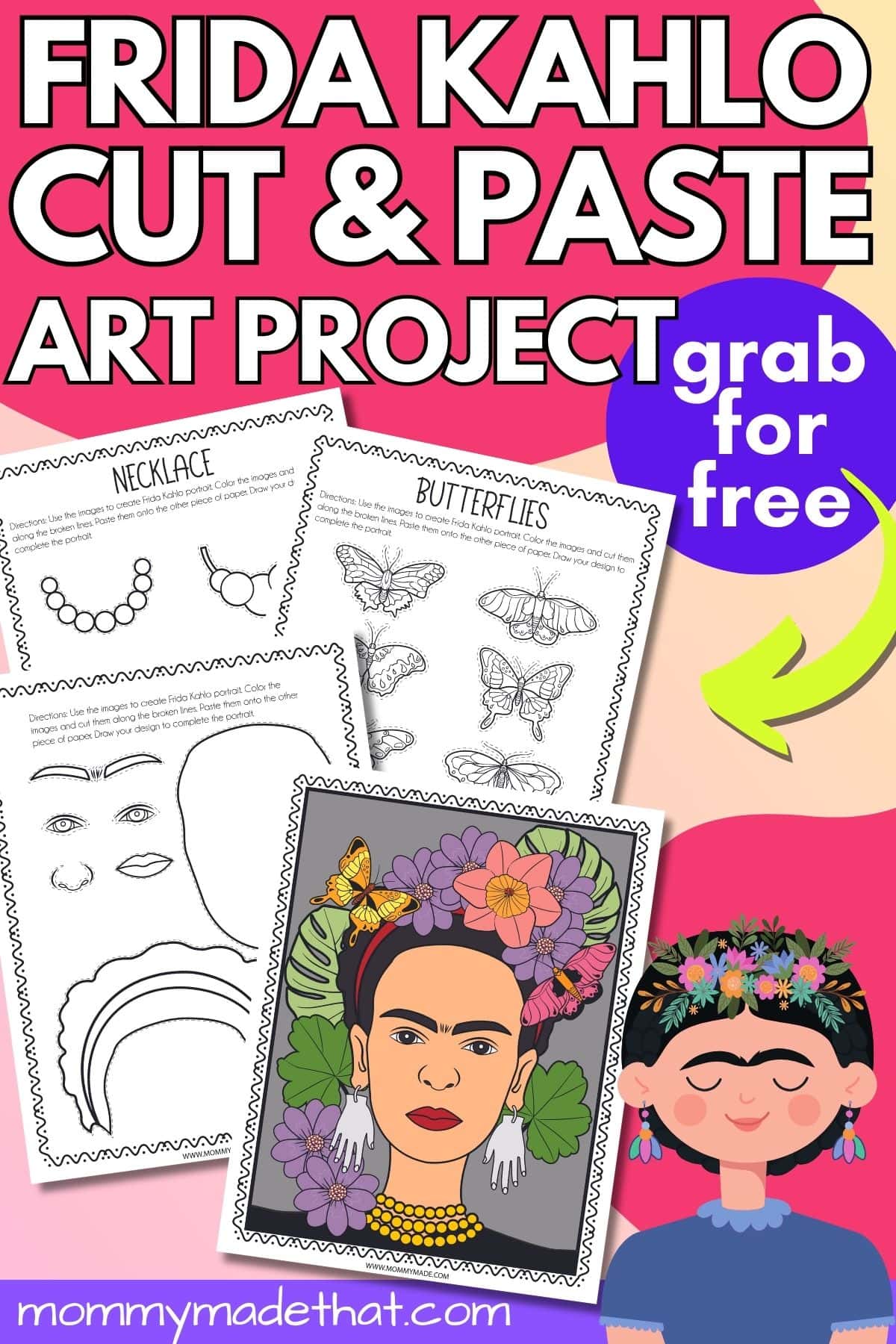 Printable Frida Kahlo art project template.