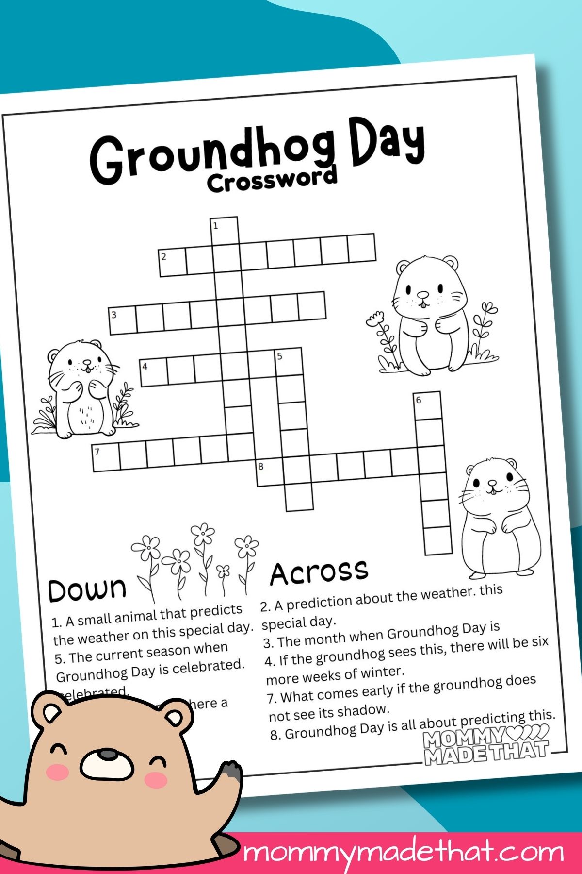 Free printable Groundhog day crossword puzzle.