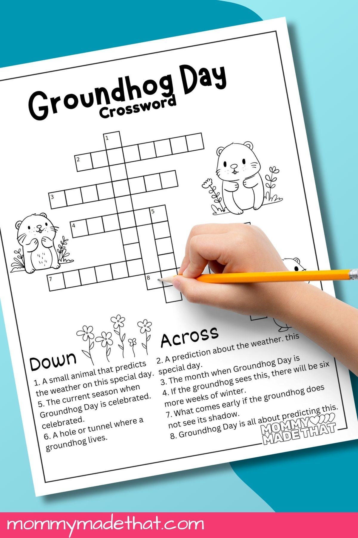 Free printable Groundhog day crossword puzzle.