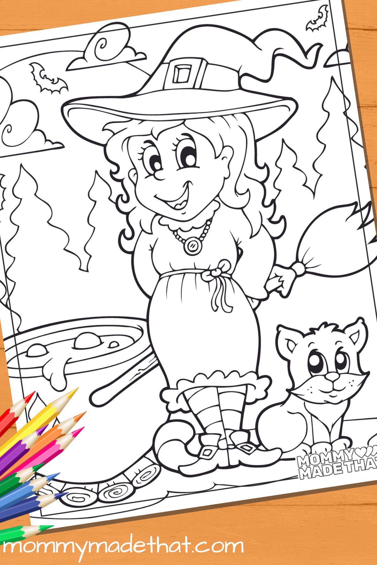 Witch cat coloring sheet for Halloween