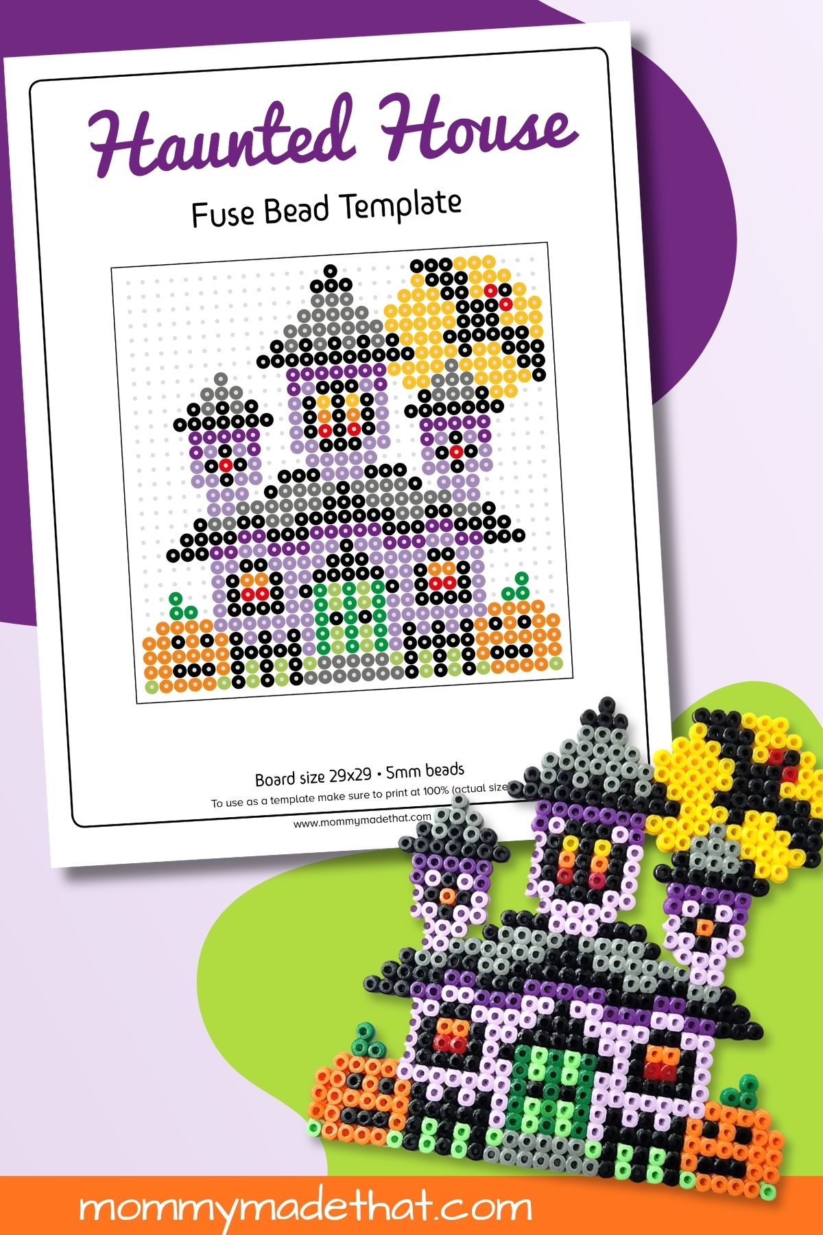 Haunted house Perler bead pattern beside the finished purple house with pumpkins and a yellow moon