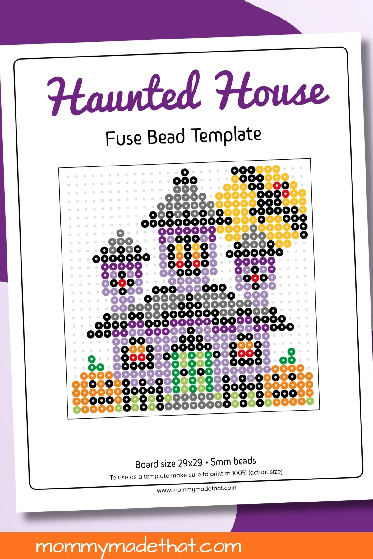 Printable haunted house fuse bead template for a 29 by 29 pegboard and 5mm beads
