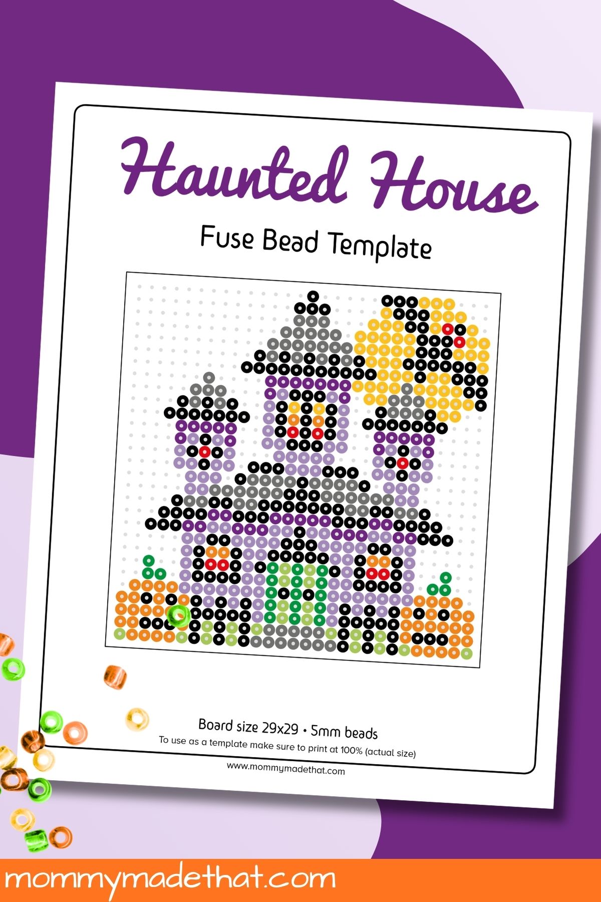 Color-coded haunted house bead pattern with loose beads beside the printable