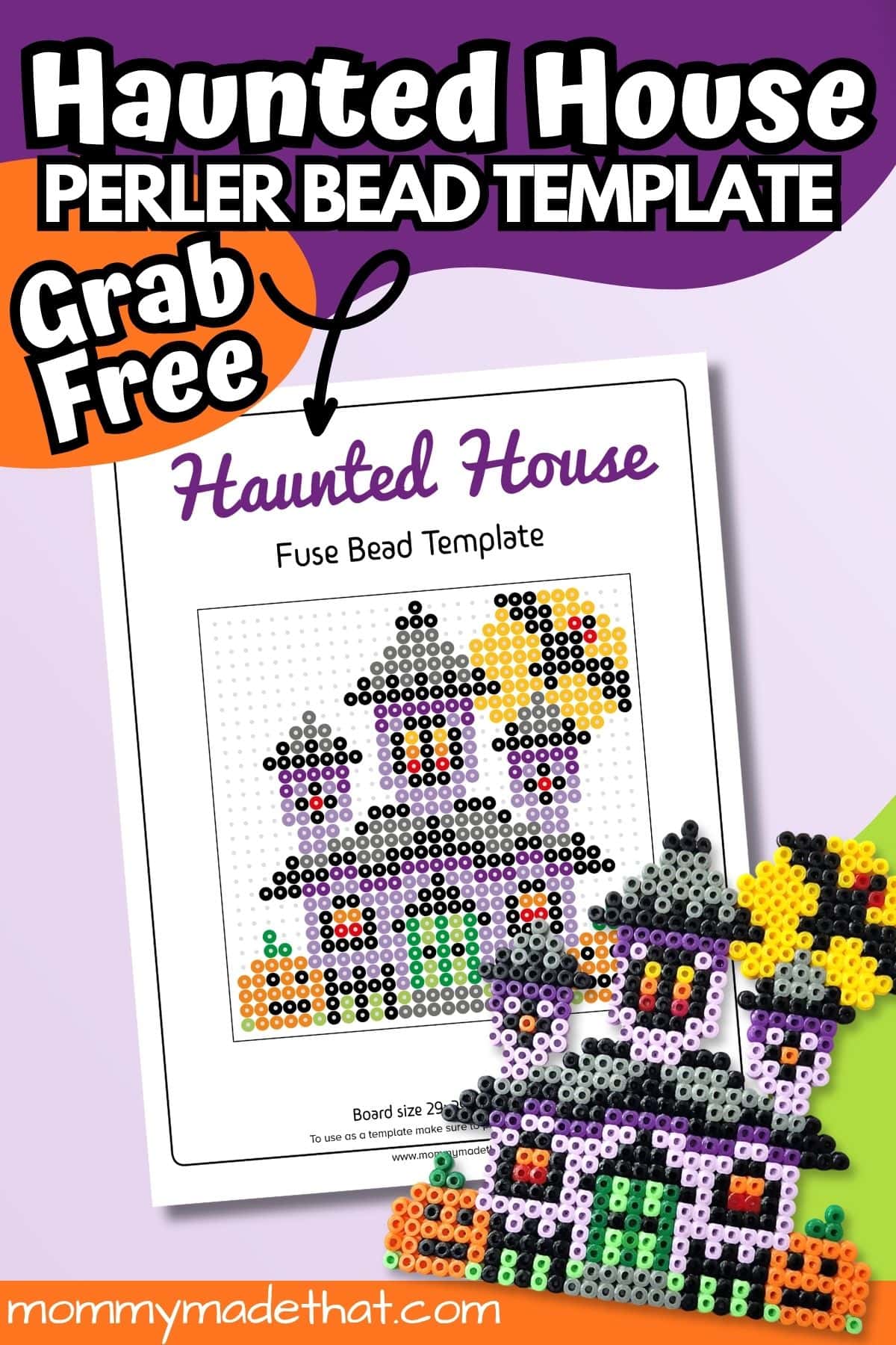 Free haunted house Perler bead template and matching finished Halloween decoration