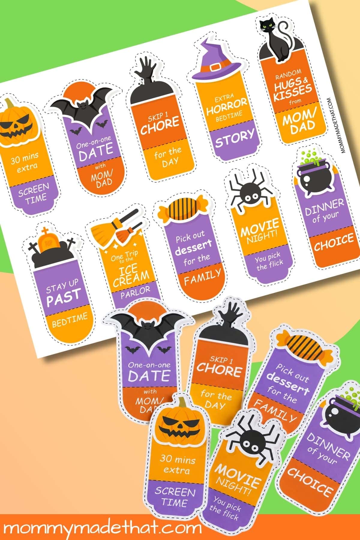 Printable Halloween coupon sheet with cutout coupons for screen time, movie night, and family treats.