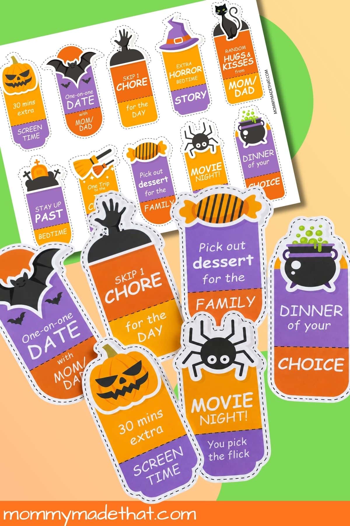 Cutout Halloween coupons for skipping a chore, choosing dessert, movie night, and dinner of your choice.