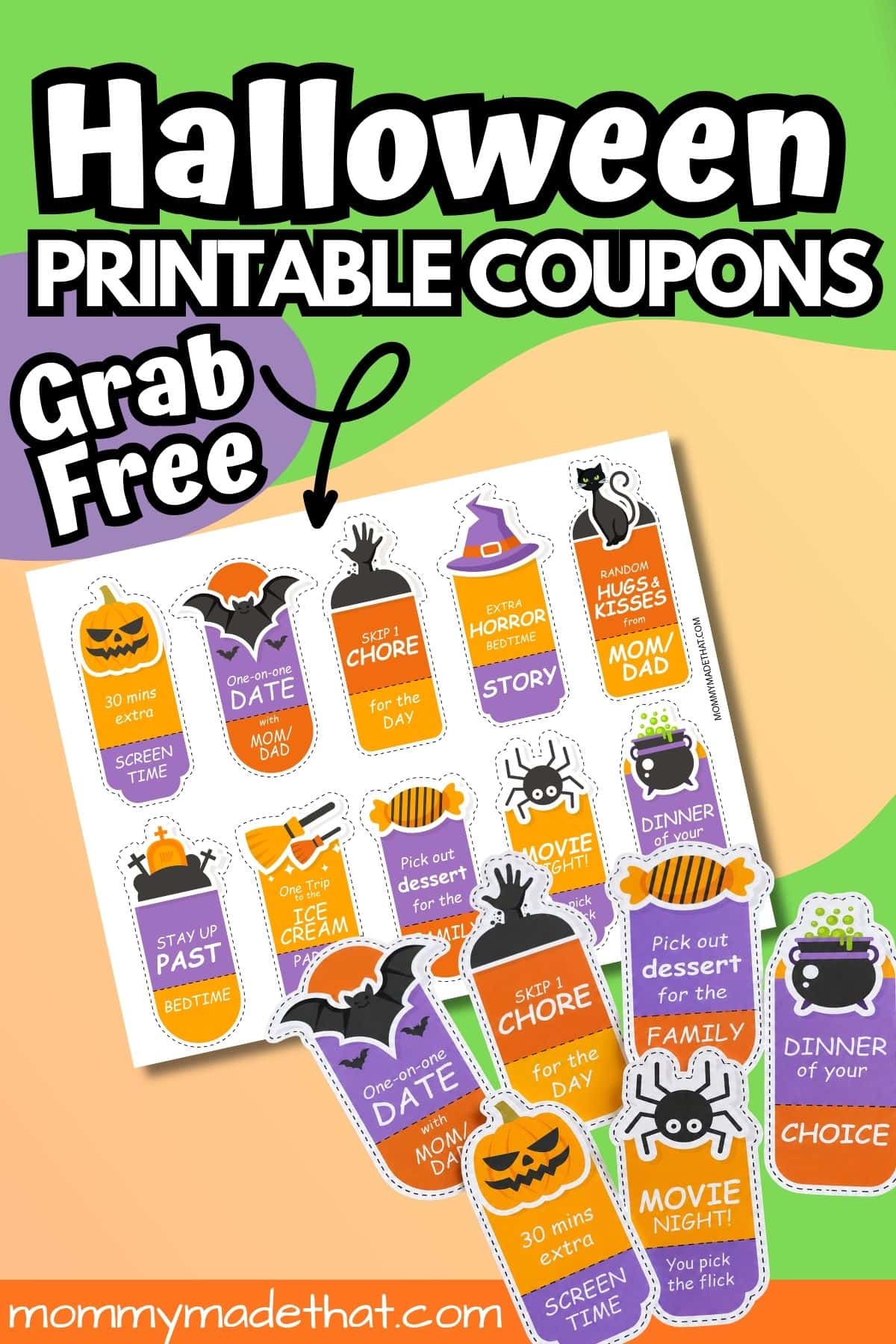 Free printable Halloween coupons for kids with a full sheet and individual cutout rewards.