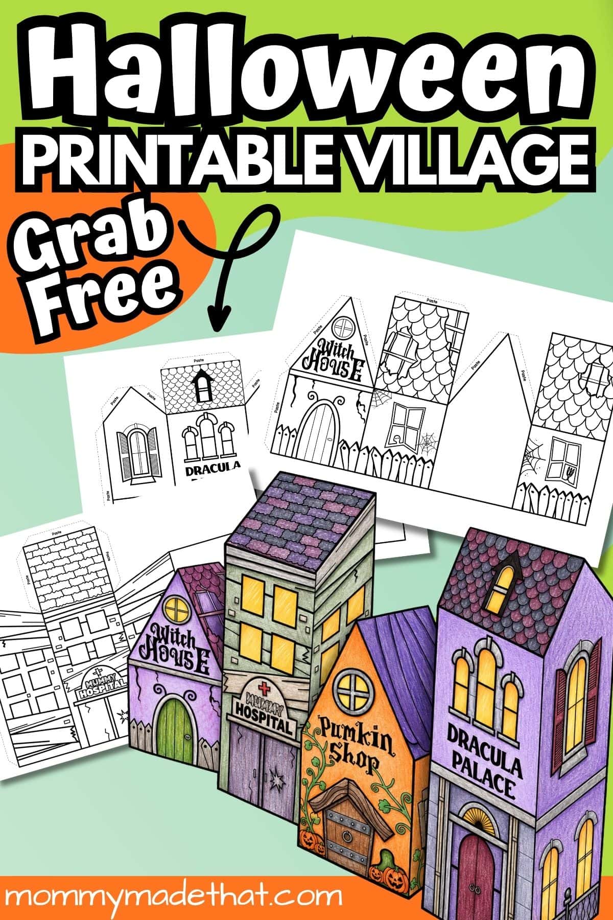 Halloween paper village printable with paper houses.
