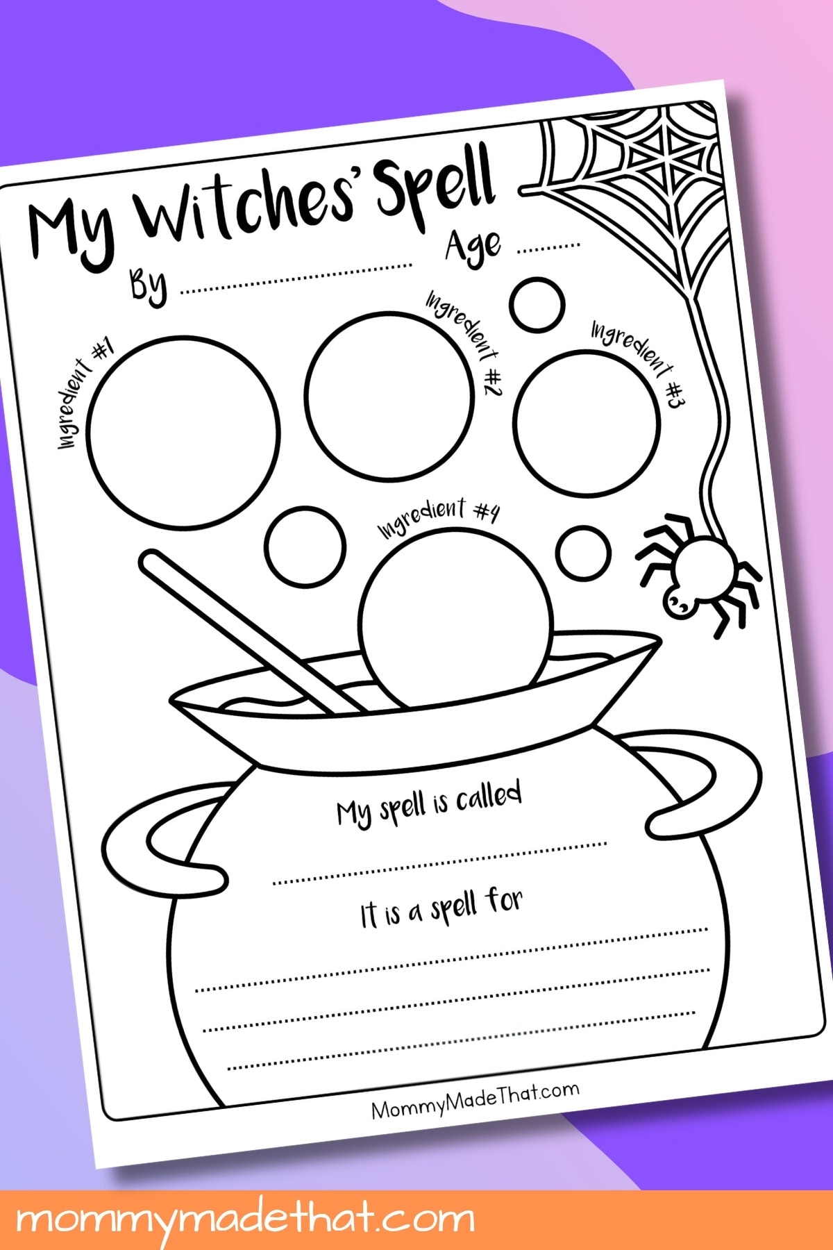 Free printable Halloween spell writing worksheet with four ingredient spaces and a witch’s cauldron
