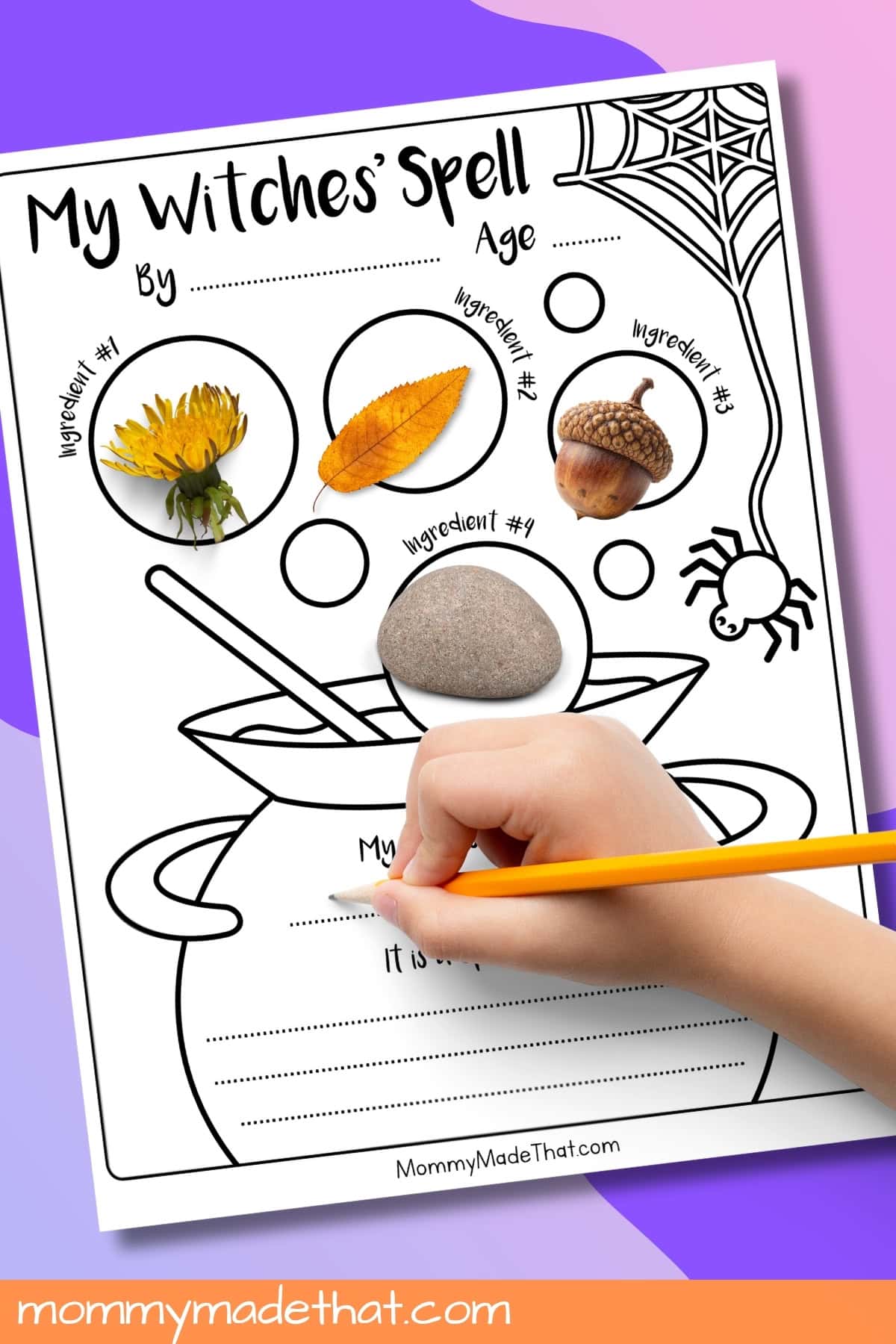 Child completing a Halloween spell writing activity with a flower, leaf, acorn and rock as ingredients